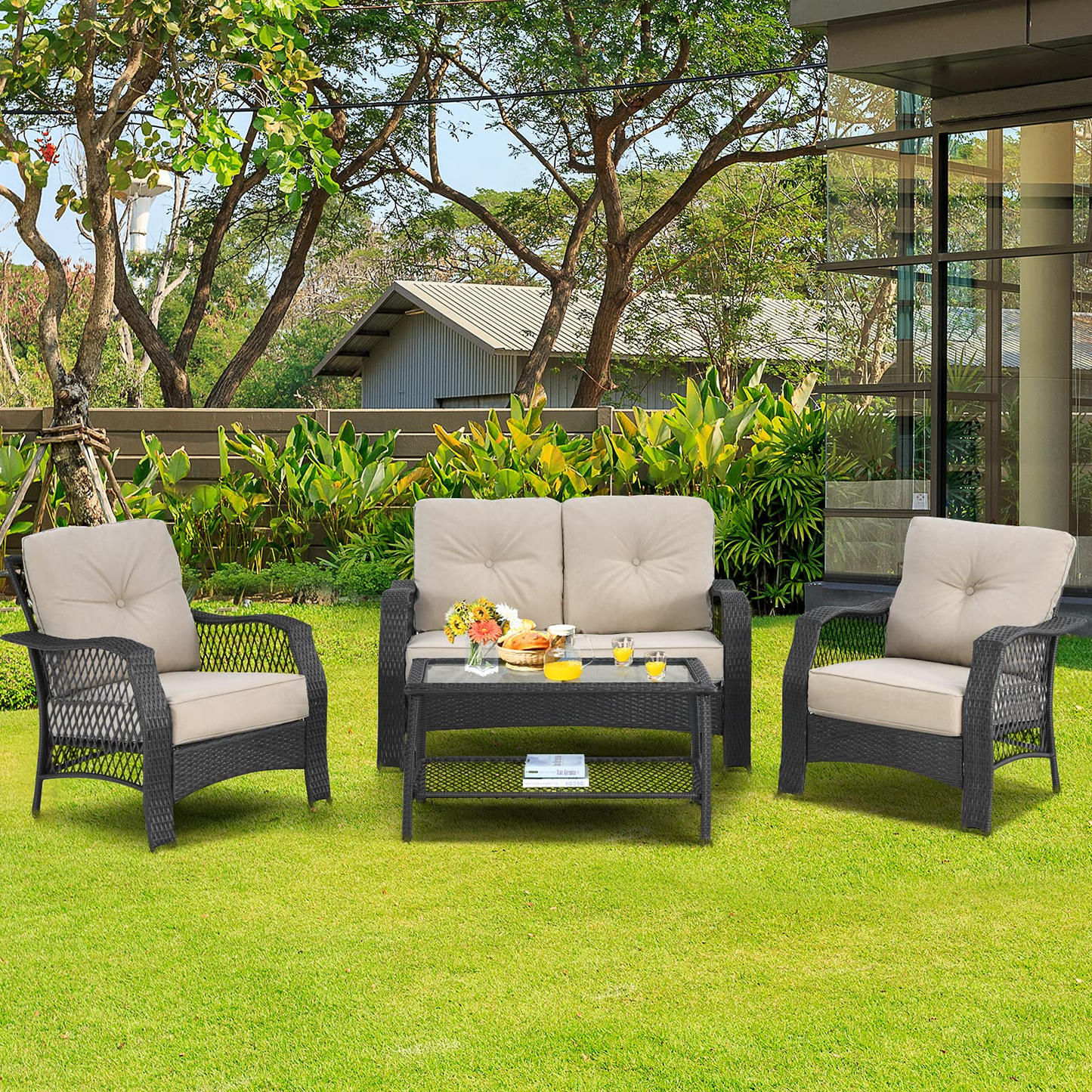 4 Pieces Outdoor Patio Furniture Set, Patiojoy PE Wicker Conversation Sofa Set with Tempered Glass Coffee Table