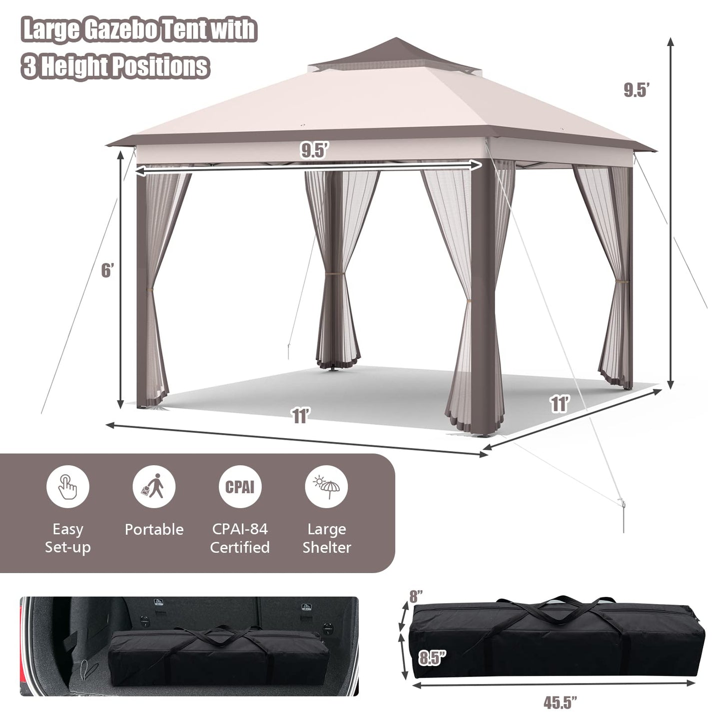 Tangkula 11x11 Ft Pop up Gazebo, 2-Tier Patio Gazebo with Netting, Carry Bag