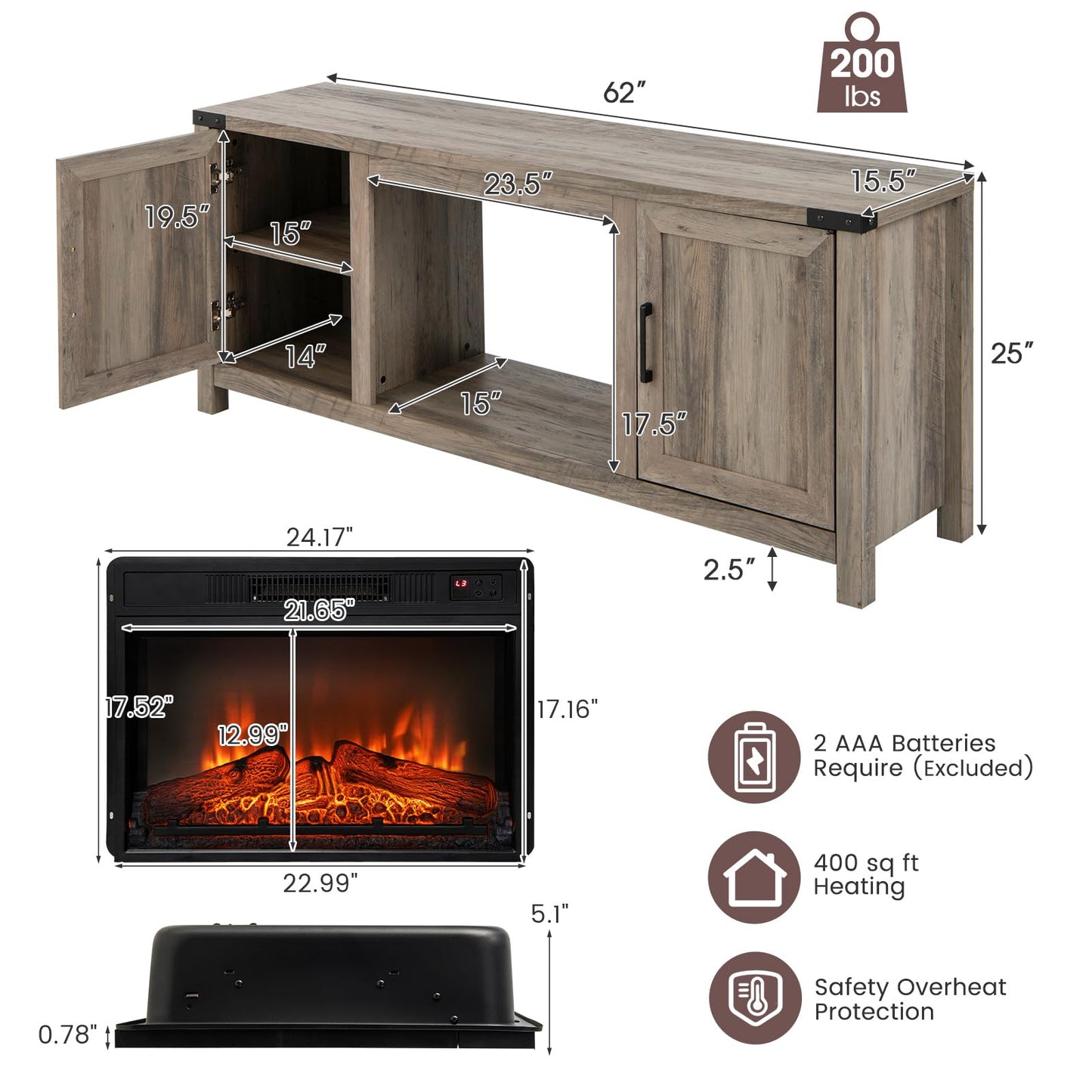Tangkula Fireplace TV Stand with 23” Electric Fireplace Insert