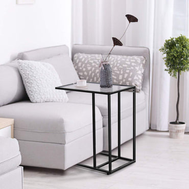 TANGKULA Table d'appoint de canapé, Table d'appoint en C avec plateau en verre et cadre en acier