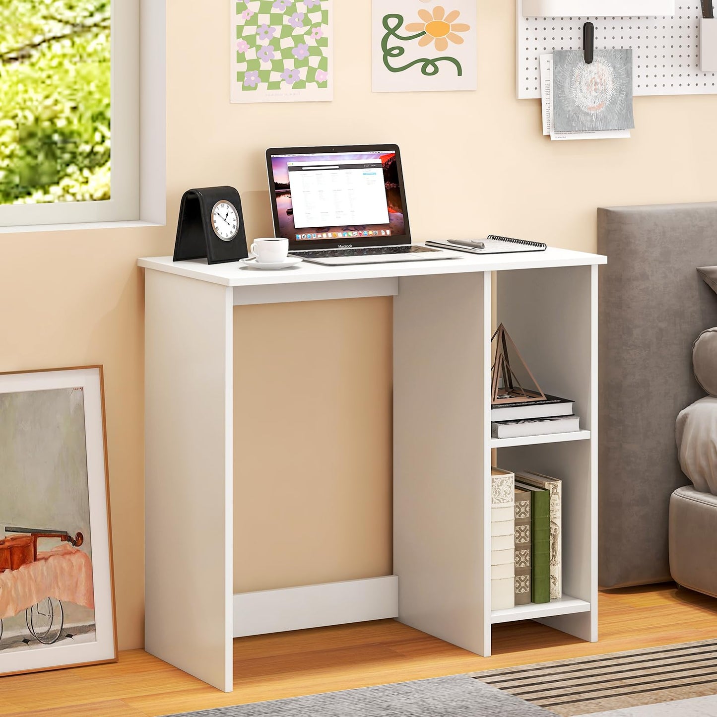 Tangkula Small White Desk with Shelves, Compact Small Desk for Small Space