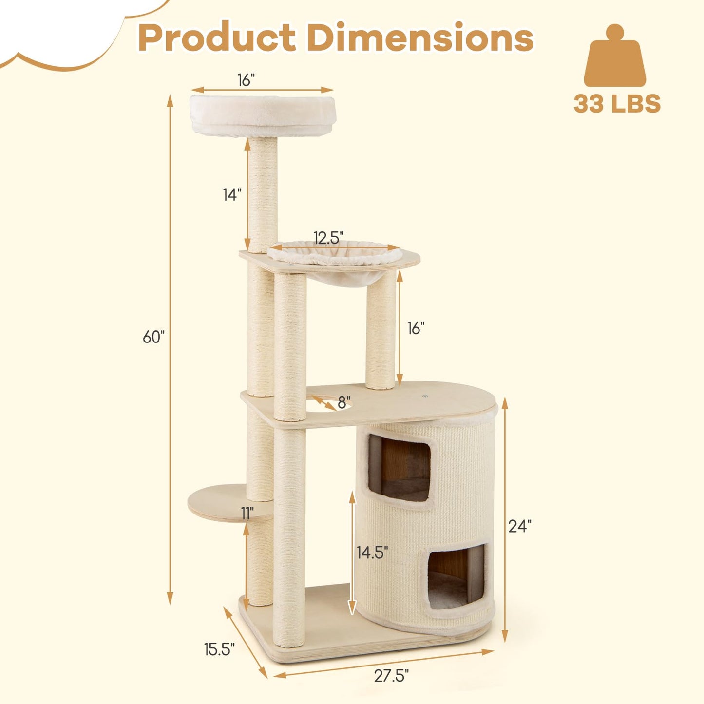 Tangkula 60 Inch Multi Level Modern Wooden Cat Tower with 2 Story Condo