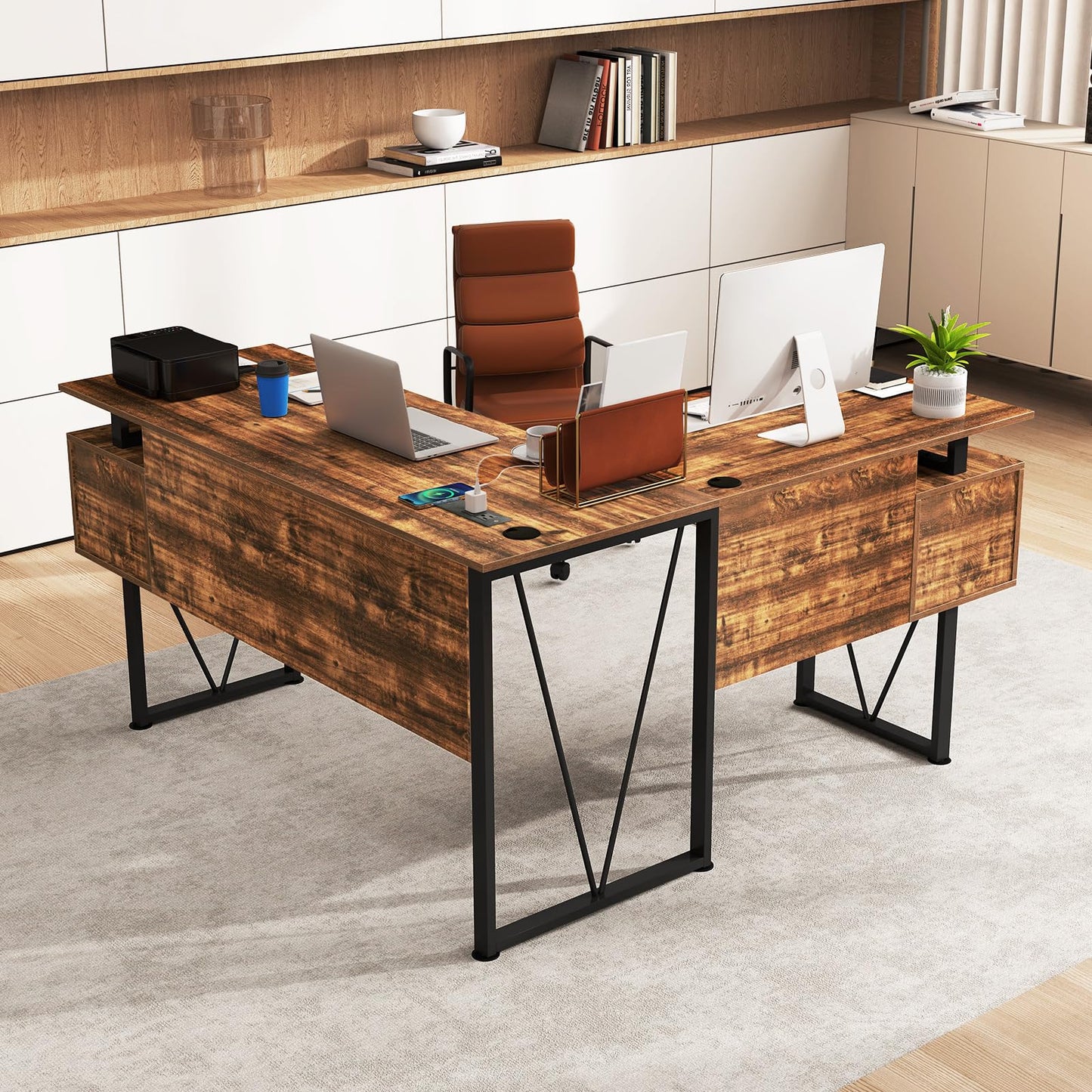 Tangkula 59" L-Shaped Office Desk with 3 Drawers & Charging Station
