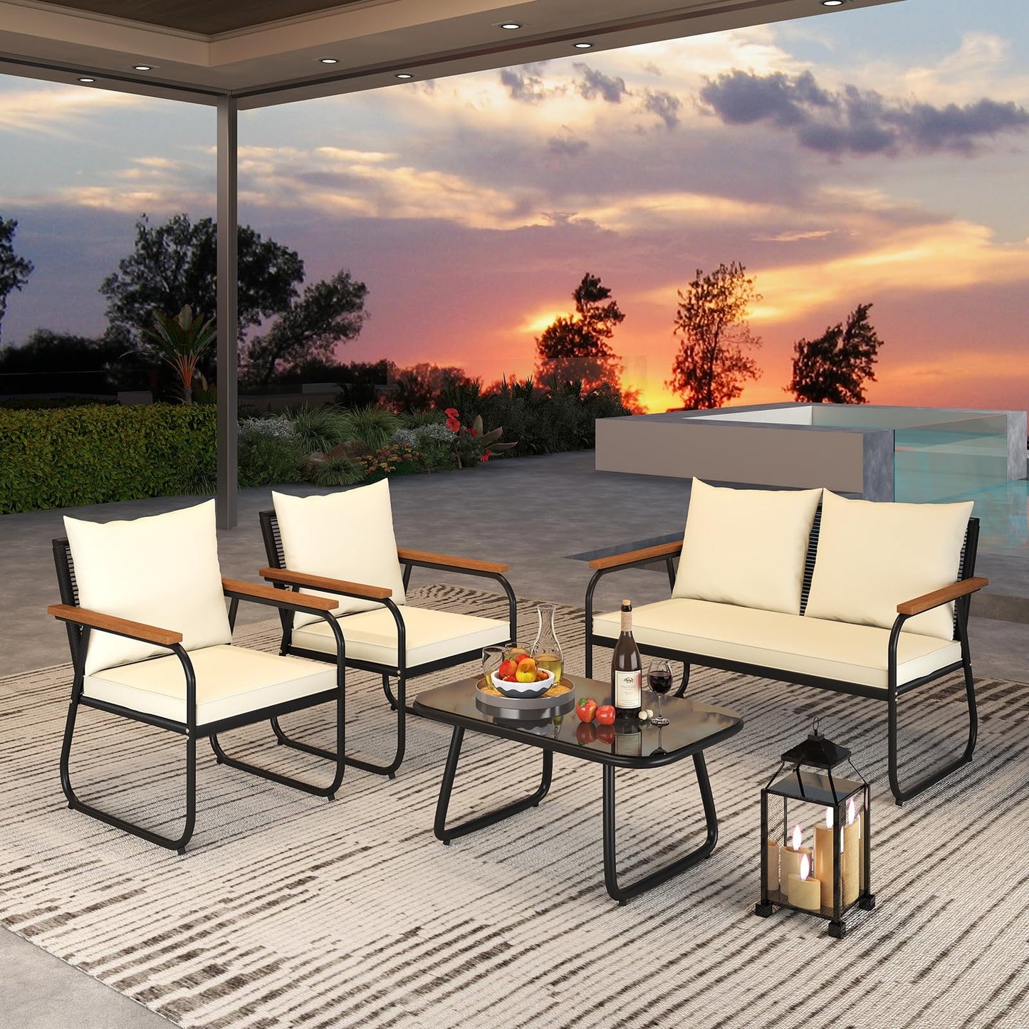 Tangkula Wicker Patio Furniture Set Outdoor Conversation Set with Tempered Glass Coffee Table