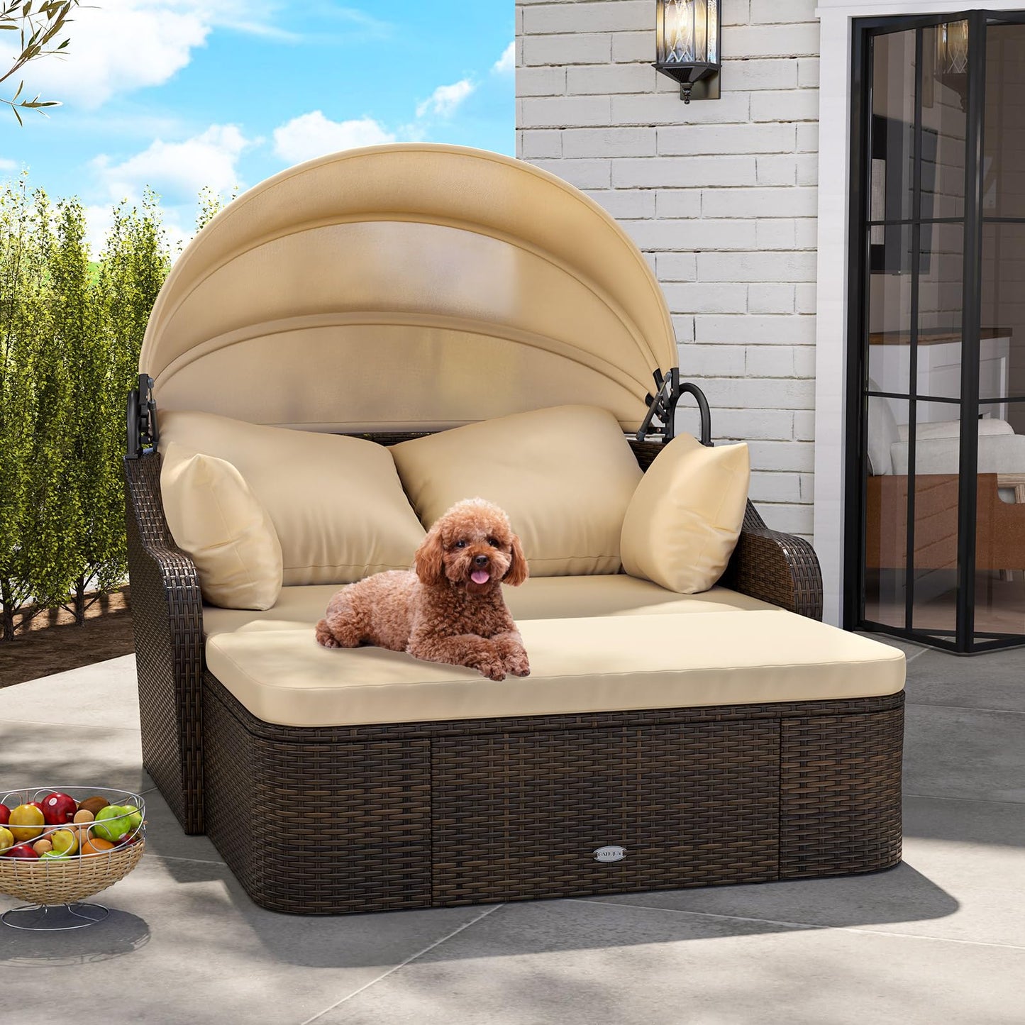 Tangkula Patio PE Rattan Daybed with Retractable Canopy
