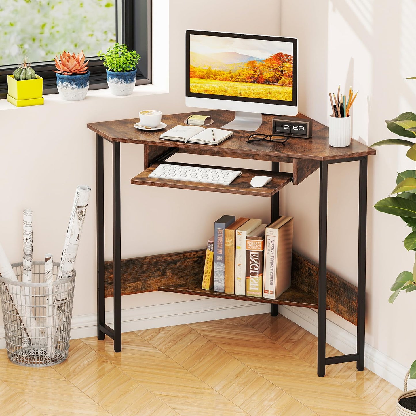 Tangkula Corner Desk with Keyboard Tray with Storage Shelf