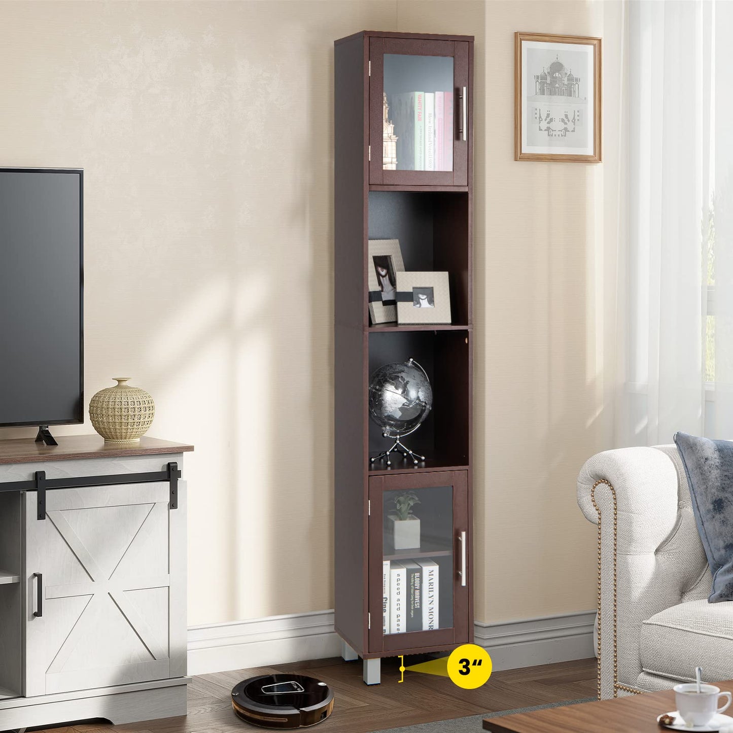 Tangkula Tall Bathroom Cabinet, Home Bedroom Living Room Wood Linen Storage Cabinet Free Standing