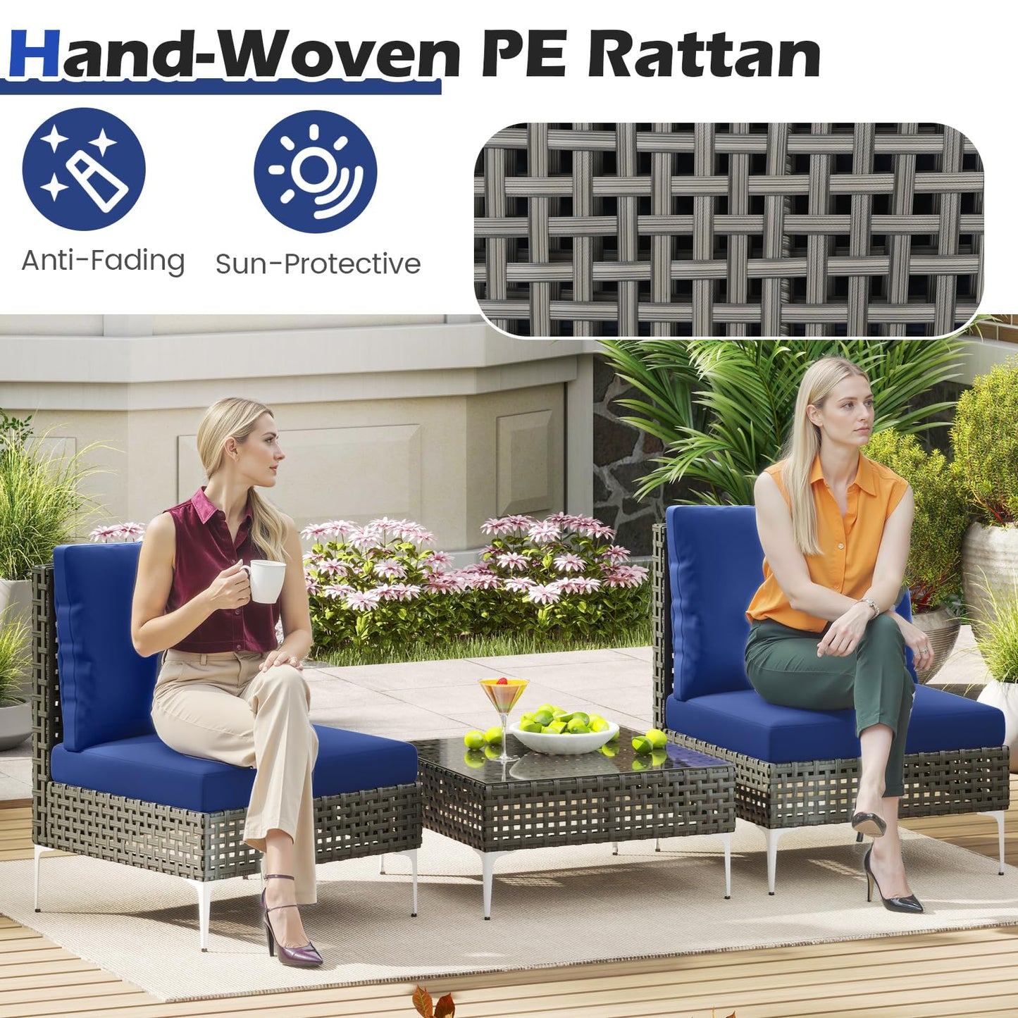 Tangkula 3 Pieces Patio Furniture Set PE Rattan Conversation Chairs with Tempered Glass Coffee Table
