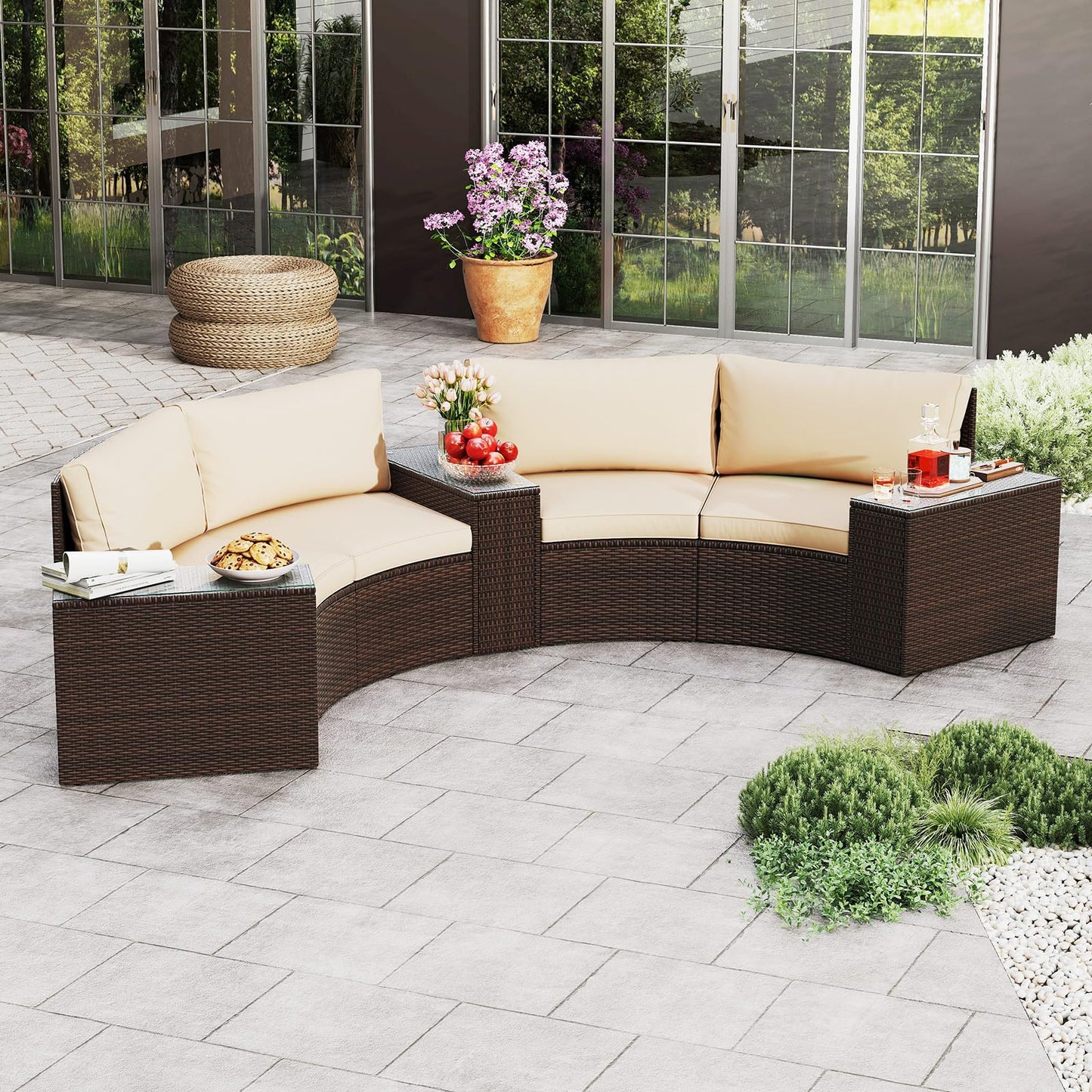 Tangkula 5 Pieces Patio Furniture Set PE Rattan Half-Moon Curved Sectional Sofas
