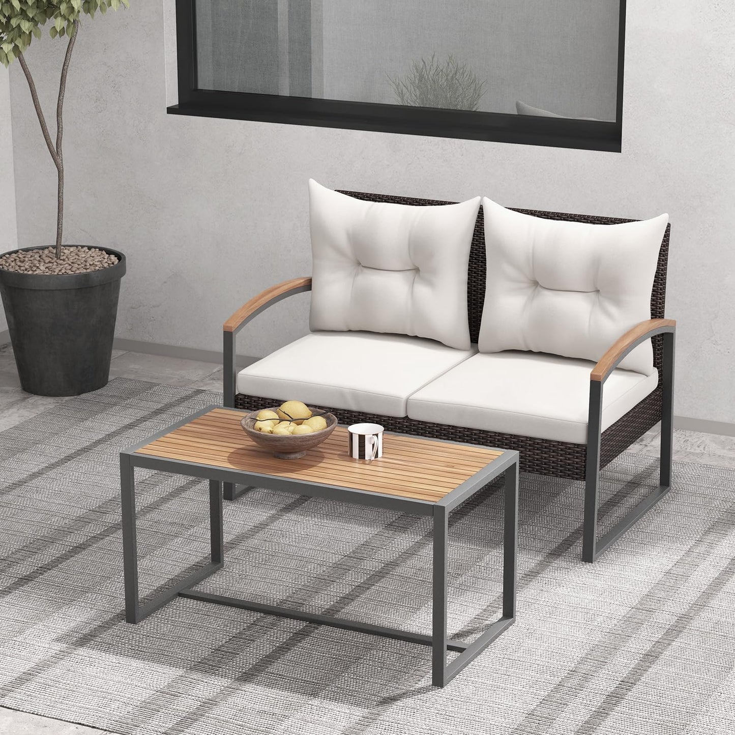 Tangkula 2 Pieces Patio Wicker Furniture Set, Heavy Duty Outdoor Cushioned Loveseat with Acacia Wood Coffee Table