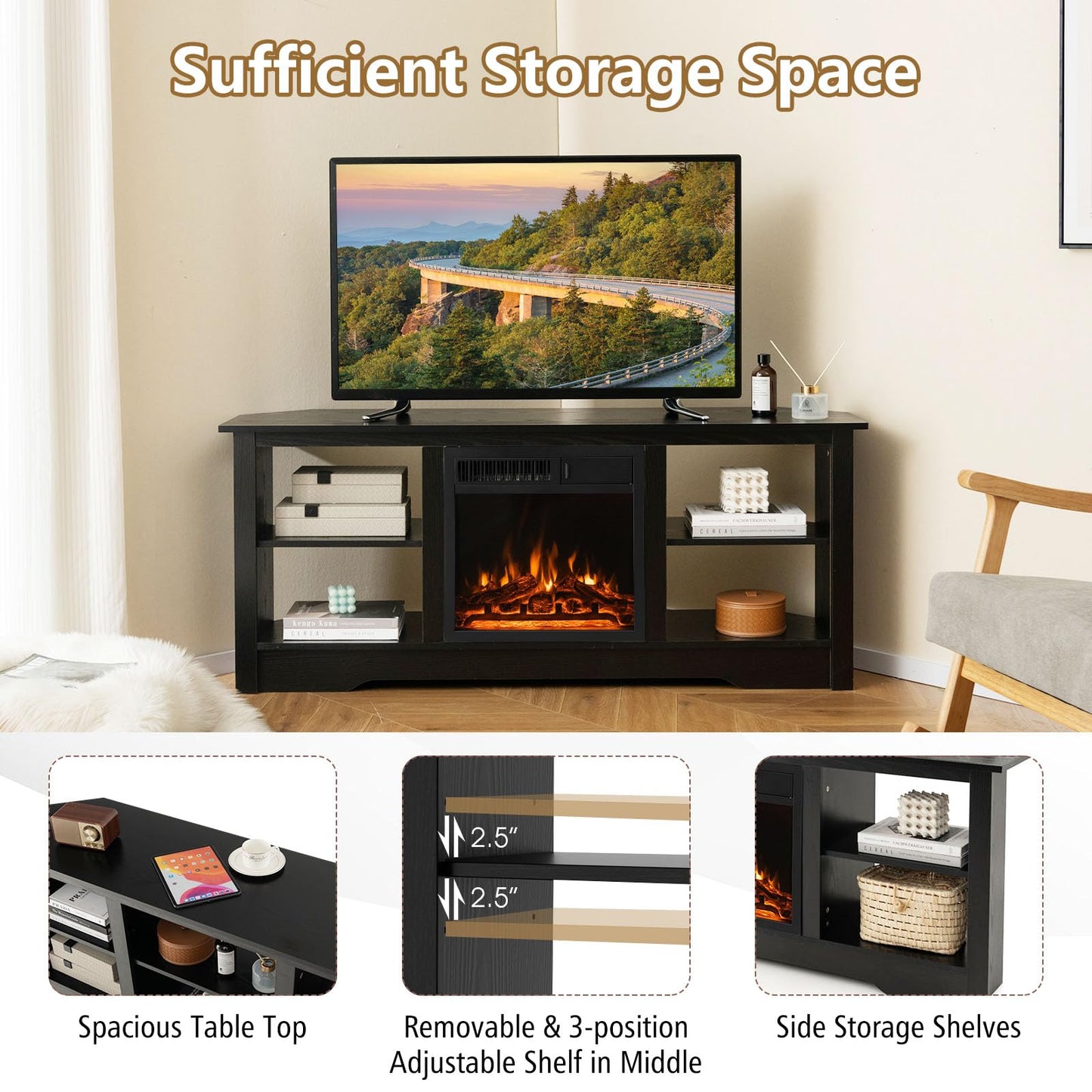 Tangkula Home Entertainment Center with 18” 1500W Electric Fireplace