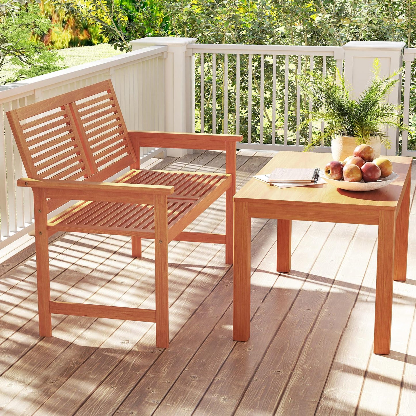 Tangkula Outdoor Wood Bench 2-Person Heavy Duty Patio Loveseat Chair