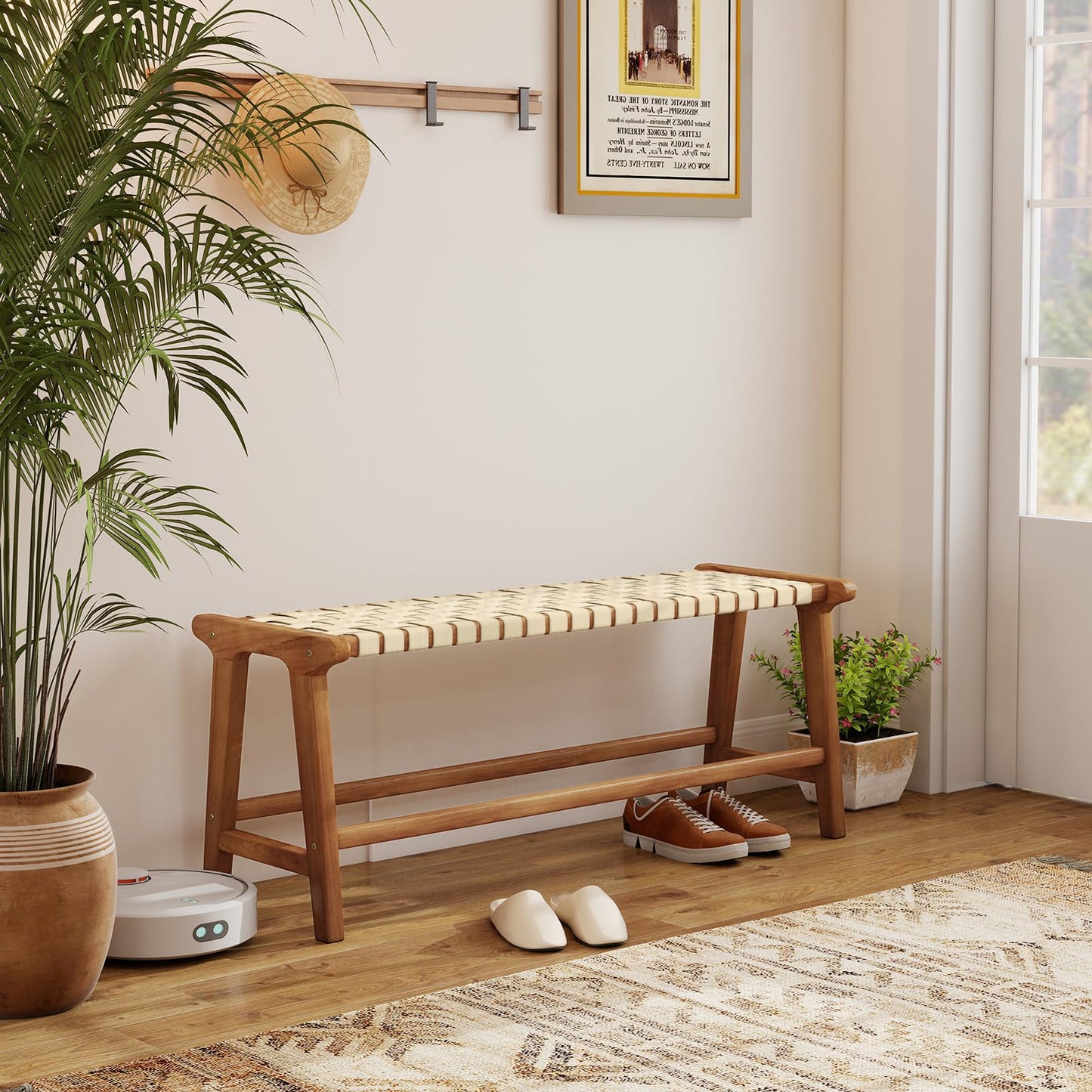 Tangkula Teak Wood Outdoor Bench Patio Backless Wooden Dining Bench