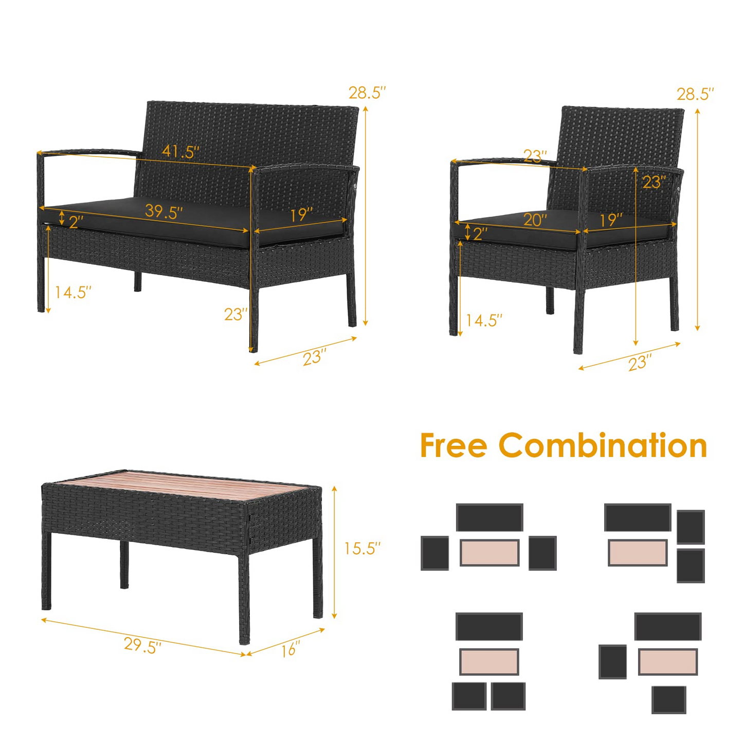 Tangkula 4 Piece Patio Rattan Conversation Set, Outdoor Wicker Sofa Furniture, Outside Sectional for Poolside, Deck, Garden
