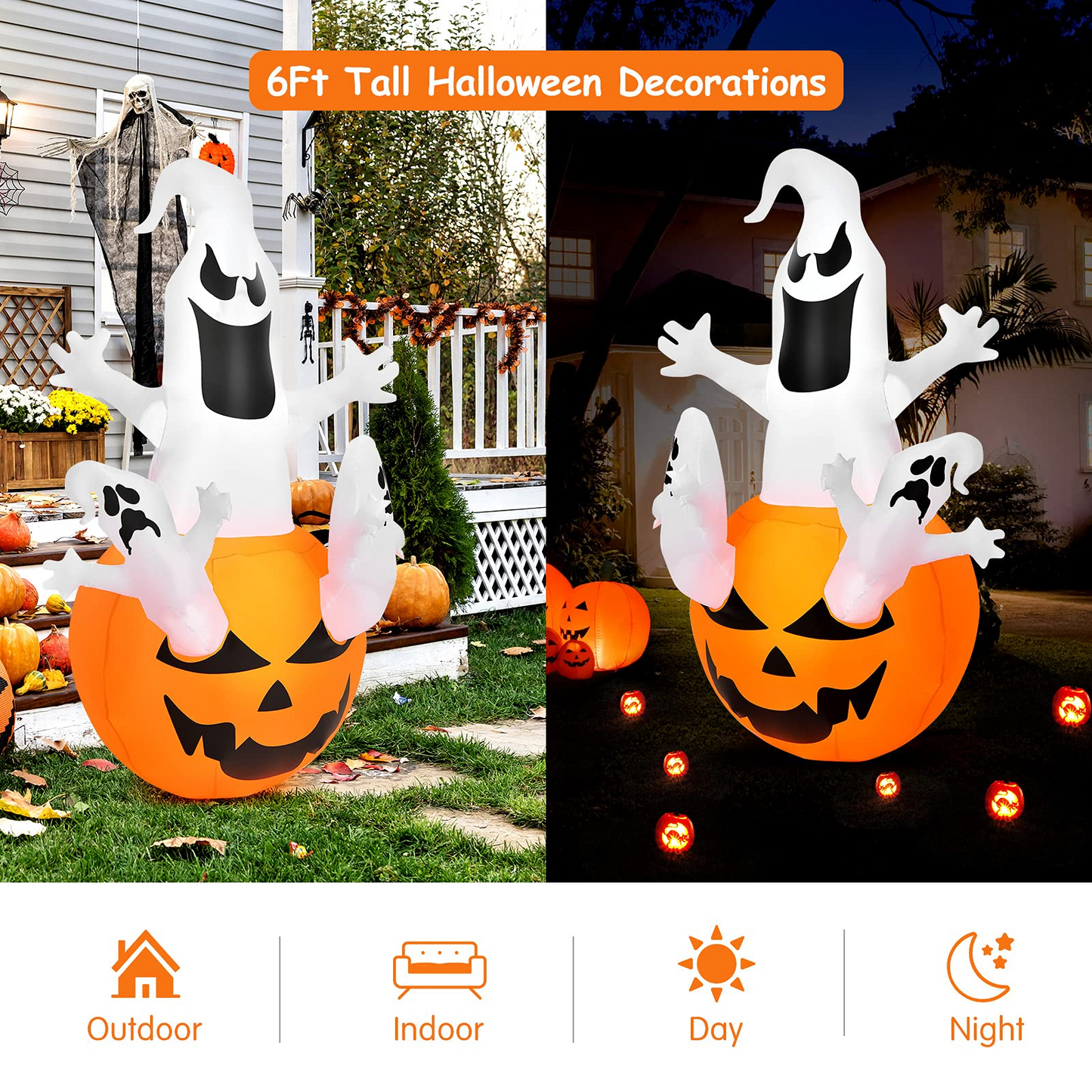 Tangkula 6ft Halloween Inflatables Ghost, Pumpkin-Halloween Blow Up Yard Decorations w/Build-in LED Light