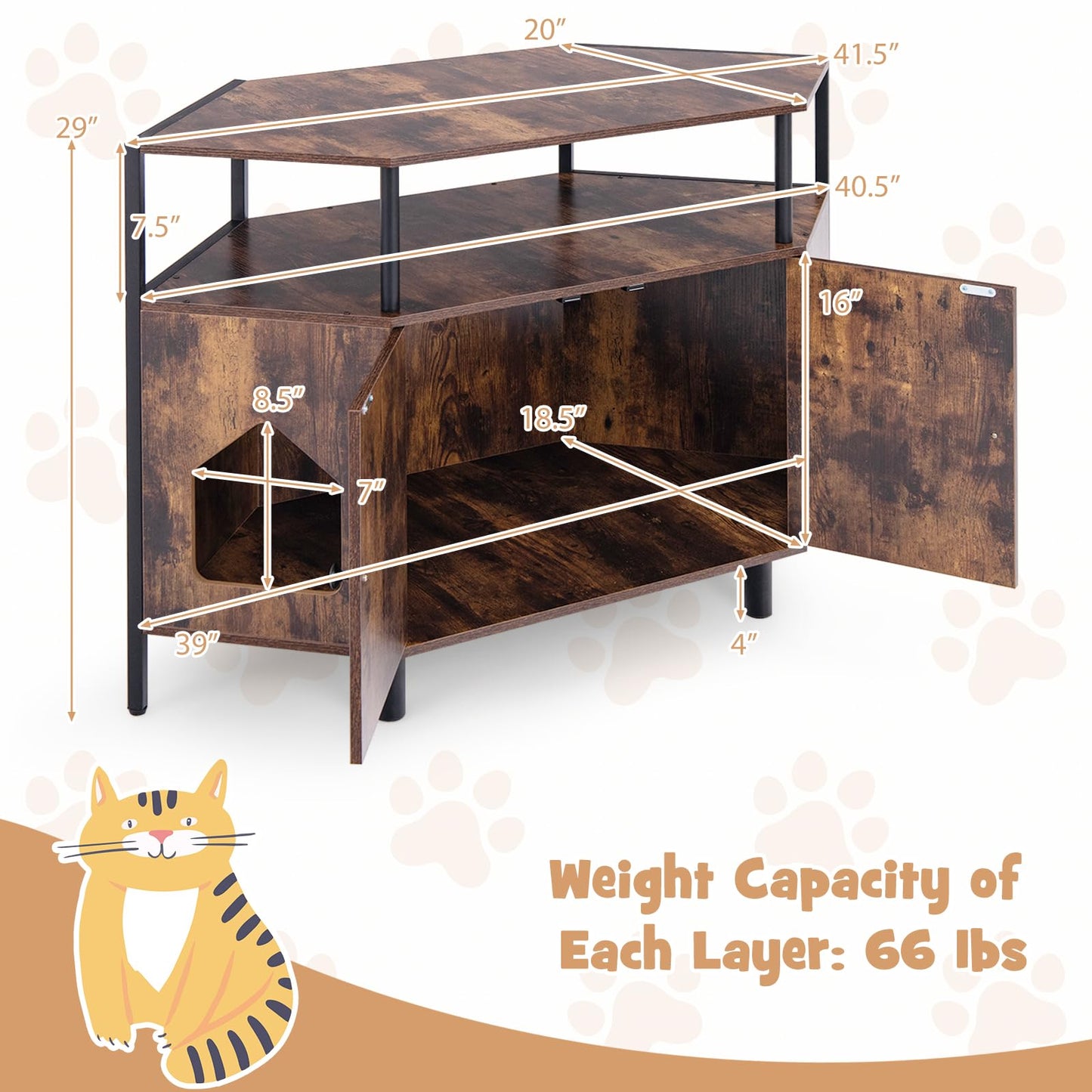 Tangkula Corner Cat Litter Box Enclosure, Decorative Pet Cabinet Furniture with Open Shelf, 2 Entrances