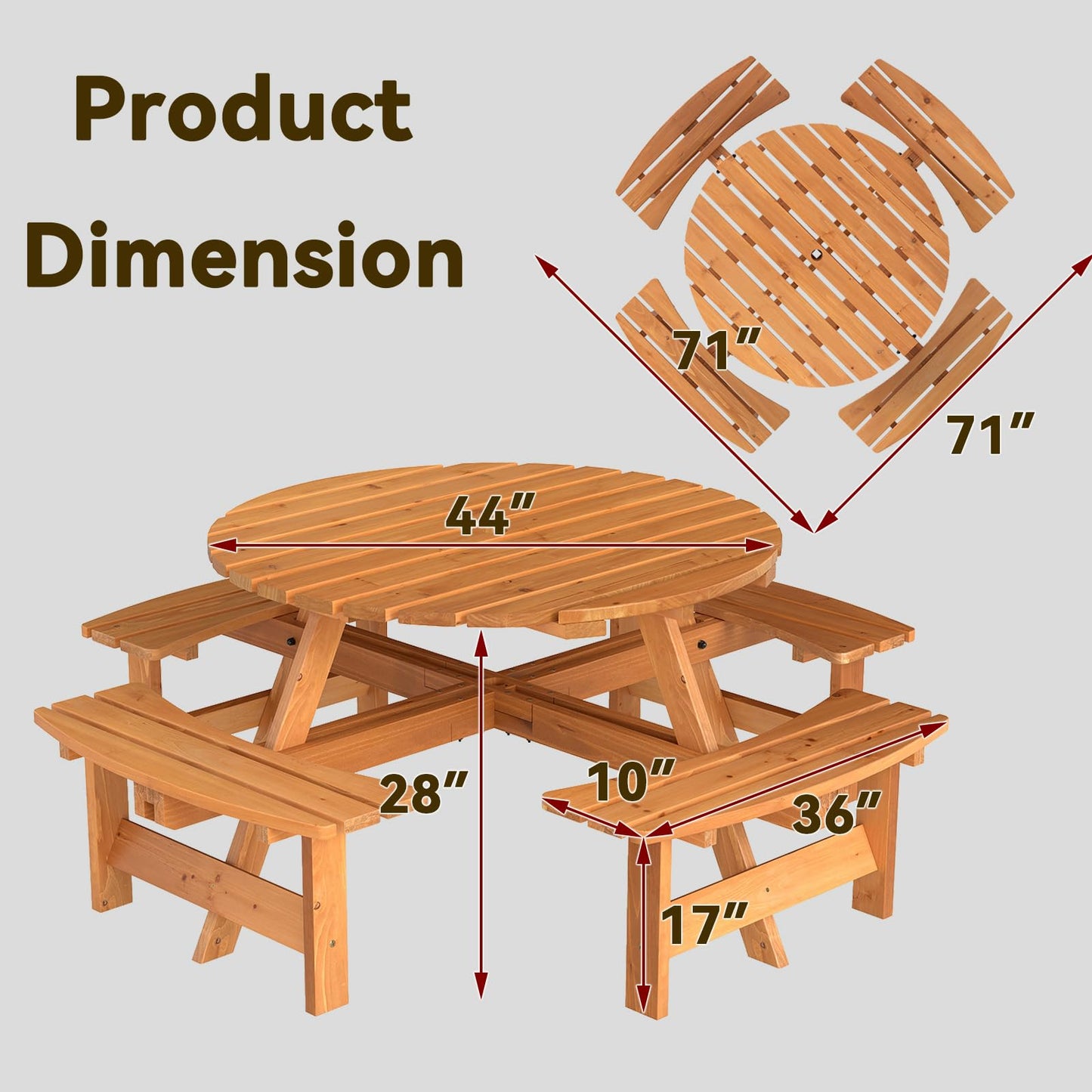 Tangkula 8-Person Wood Picnic Table Outdoor Round Table and Bench Set