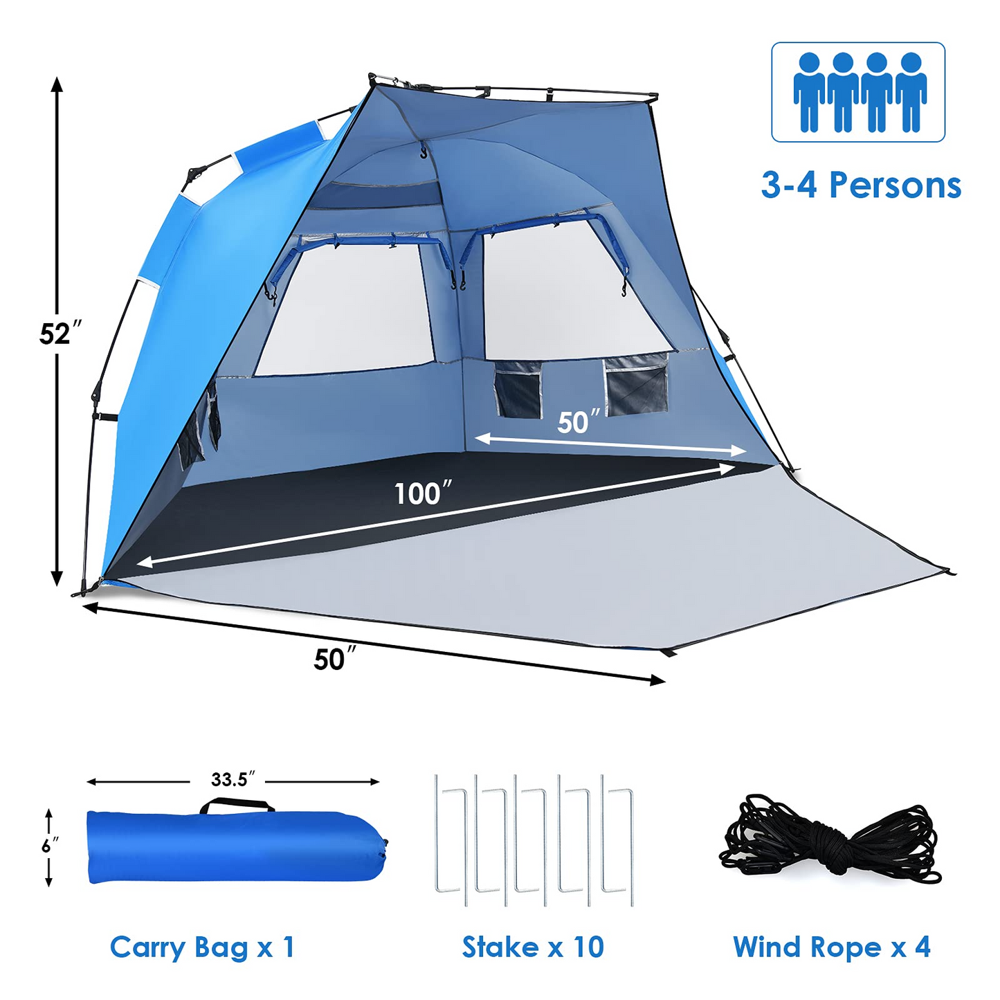 Tangkula 3-4 Person Easy Pop Up Beach Tent, UPF 50+ Portable Sun Shelter