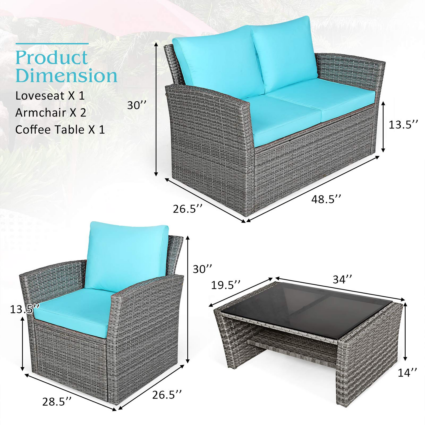 Tangkula 4 Pieces Patio Furniture Set, Outdoor Conversation Set with Cushions and Coffee Table