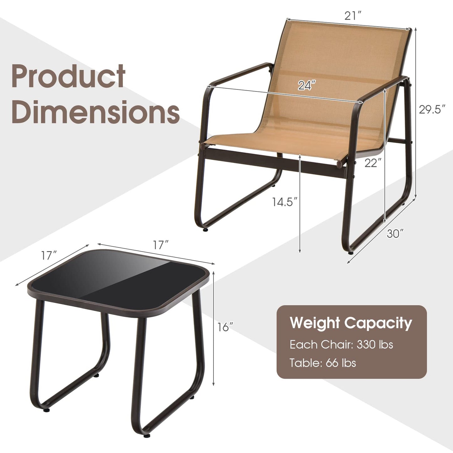 Tangkula 3 Pieces Patio Conversation Set, Outdoor Metal Chair & Table Set, Breathable Fabric & Tempered Glass Tabletop