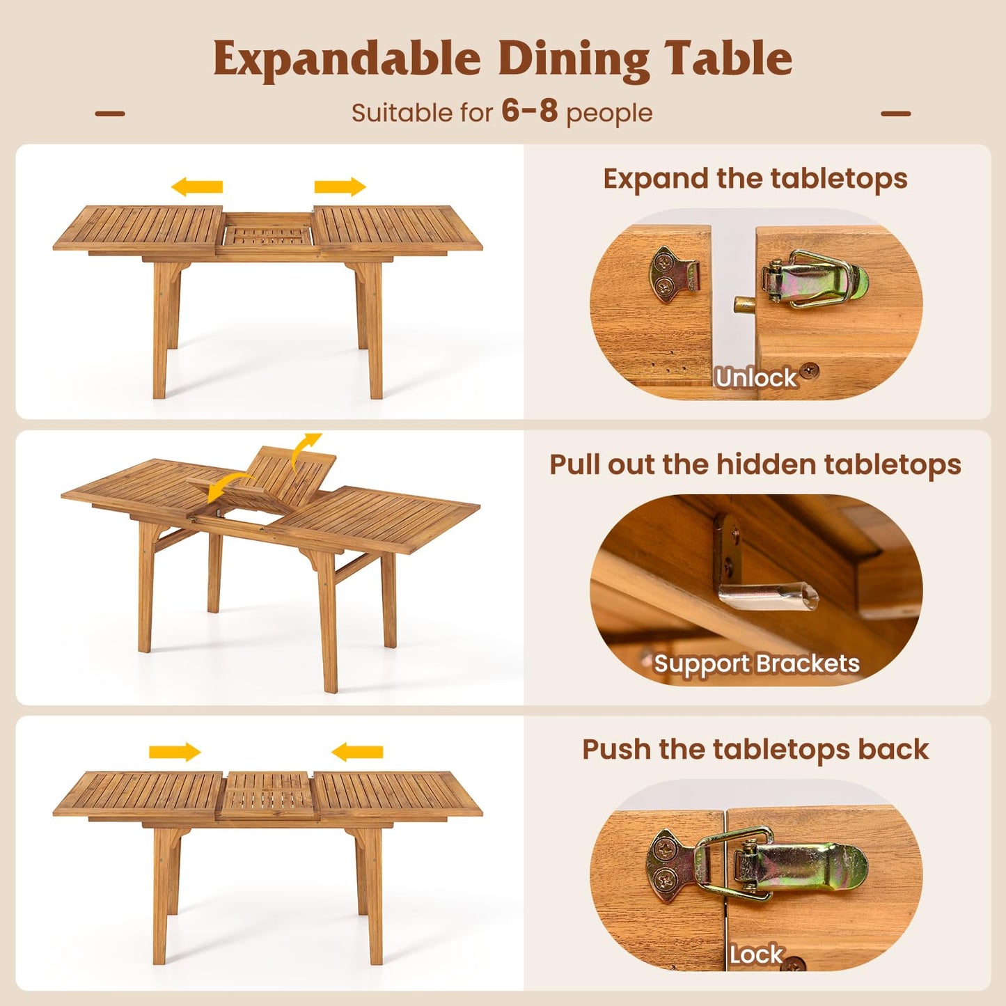 Tangkula Acacia Wood Patio Expandable Dining Table