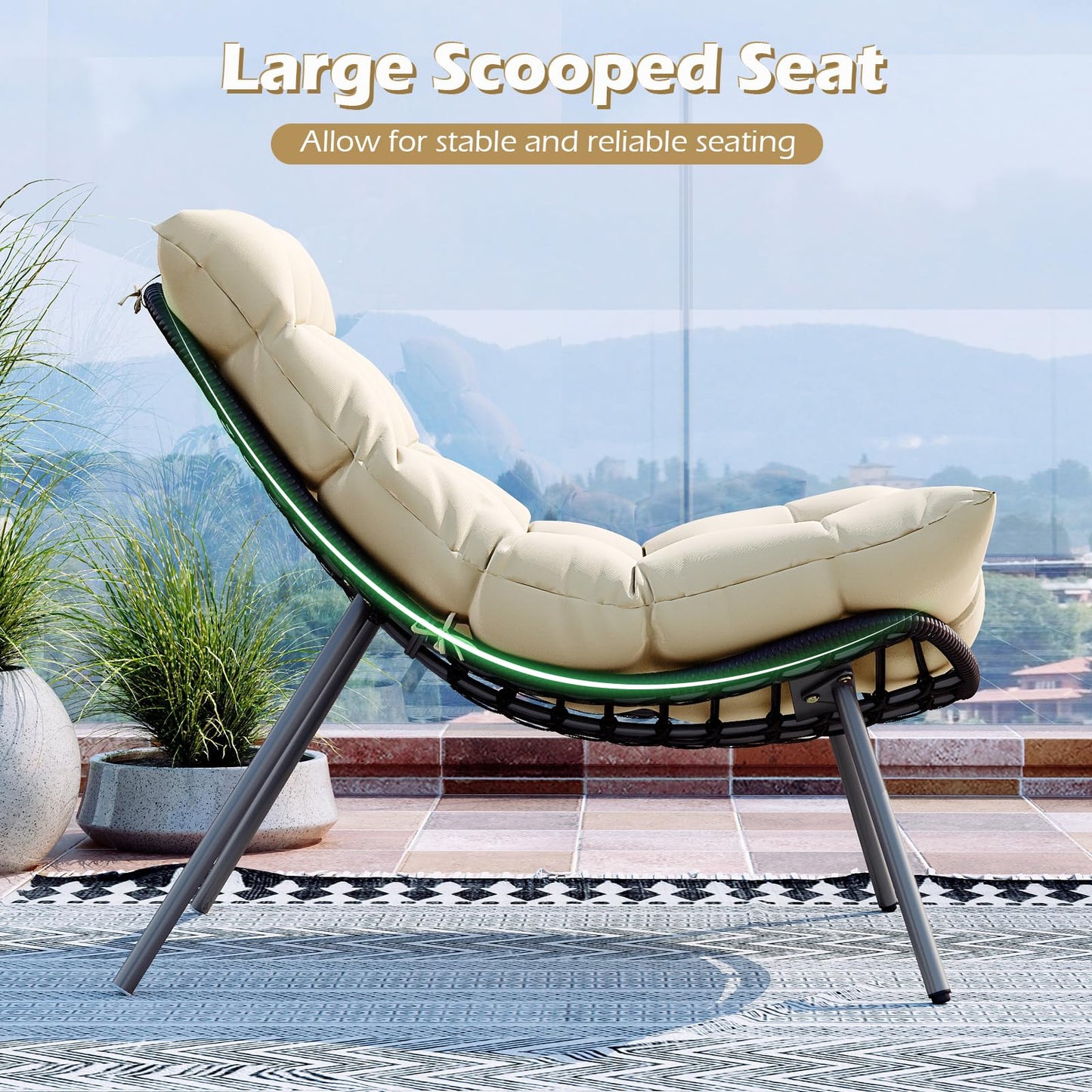 Tangkula 3 Pieces Patio Furniture Set with Cushioned Papasan Chairs and Tempered Glass Coffee Table for Porch