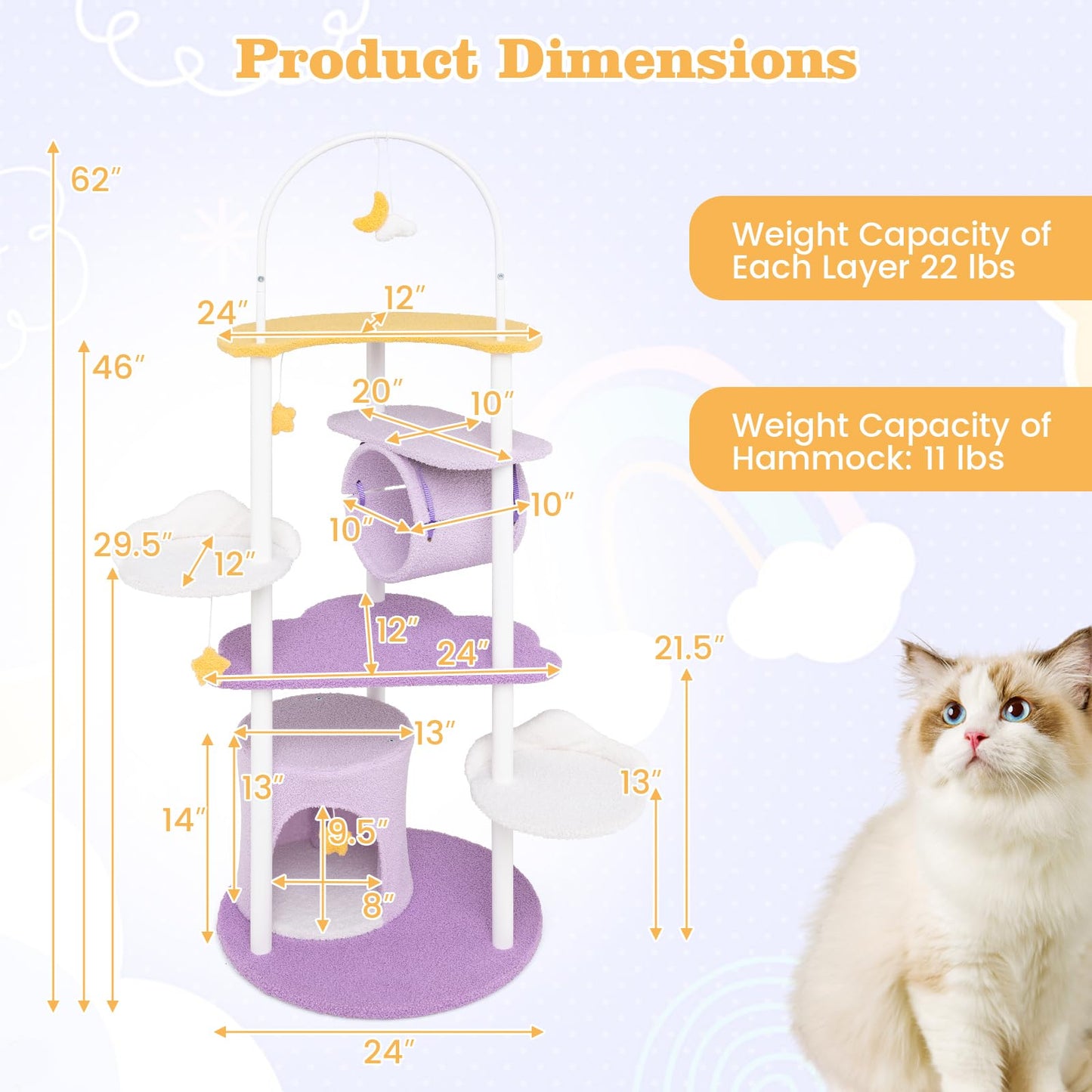 Tangkula Cute Cat Tree, 62 Inch Multi-Level Large Cat Tower with Metal Frame, Moon-Shaped Top Perch