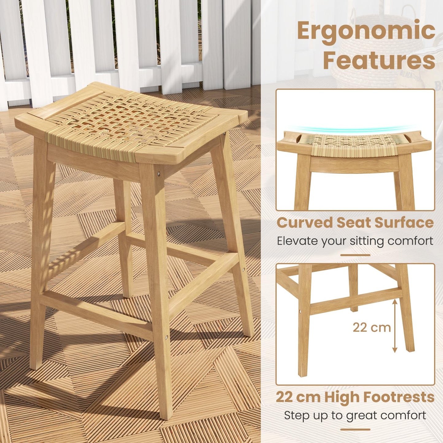 Tangkula Teak Wood Bar Stool, 29” Patio Rattan Barstool with Footrest & Saddle Seat