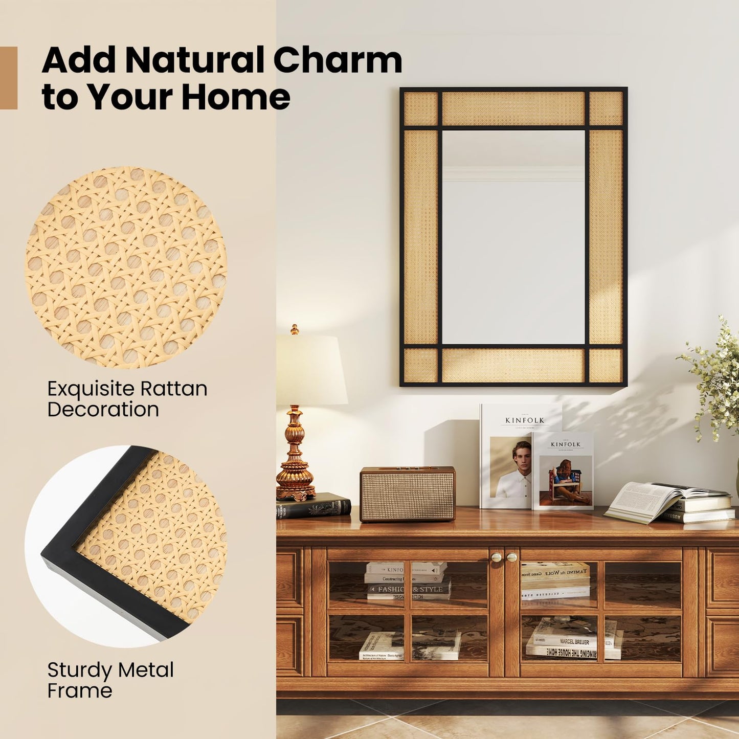 Tangkula Rattan Wall Mirror Bohemian Rectangular Decorative Mirror w/Metal Frame