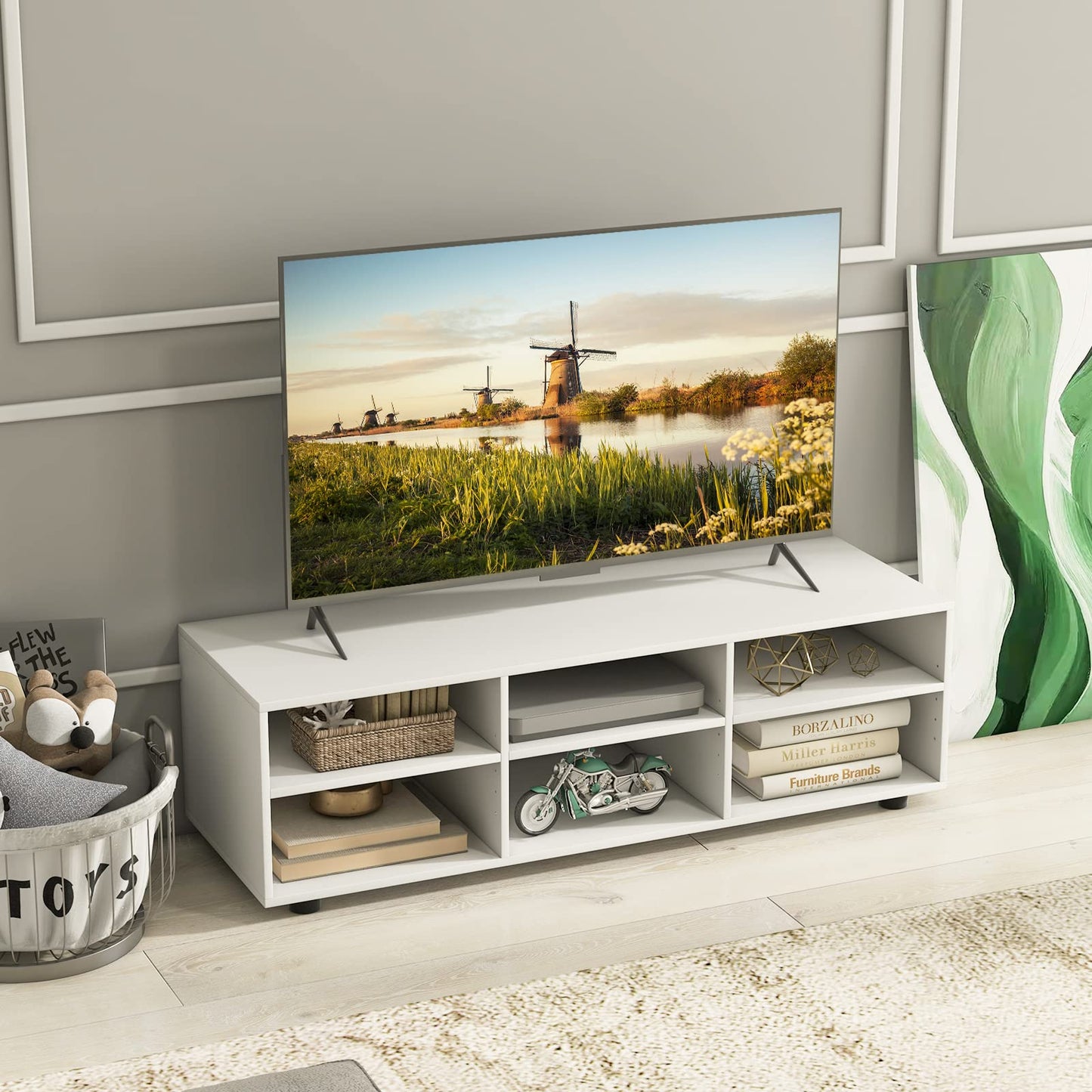 Tangkula 6 Cubby TV Stand for TVs up to 55 Inches, White Wood Entertainment Center with 6 Storage Cubbies & 5 Positions Adjustable Shelves