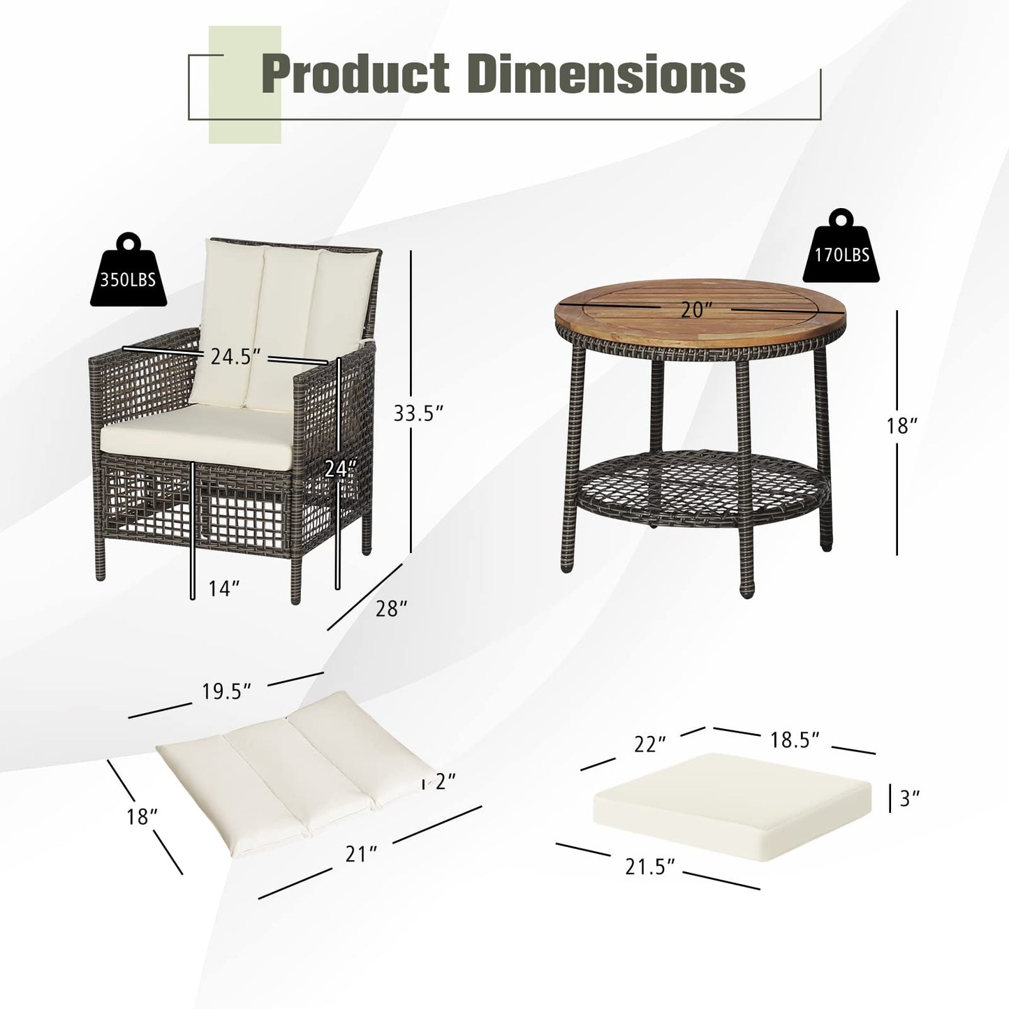 Tangkula 3 Piece Patio Conversation Set, Outdoor Rattan Chair Set W/ 2-Tier Coffee Table (Off White)