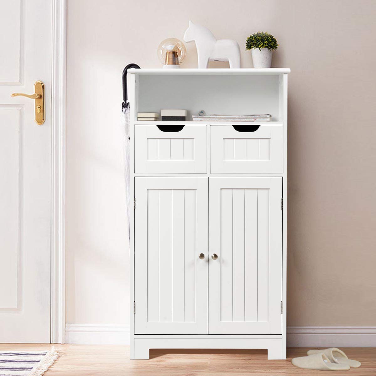 Tangkula Bathroom Floor Cabinet, Storage Cabinet w/One Open Shelf Two Doors and Two Adjustable Drawers, Standing Cupboard for Kitchen