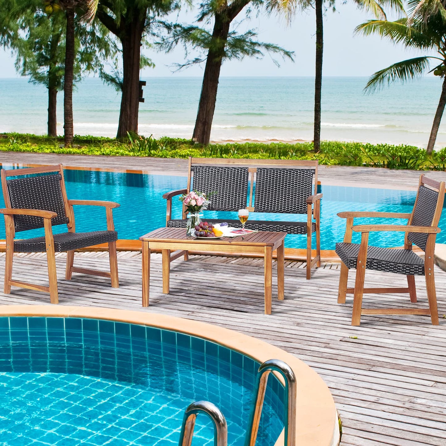 Tangkula 4 Pieces Patio Rattan Conversation Set with Acacia Wood Frame, Patiojoy Outdoor Furniture Set with Chairs & Coffee Table