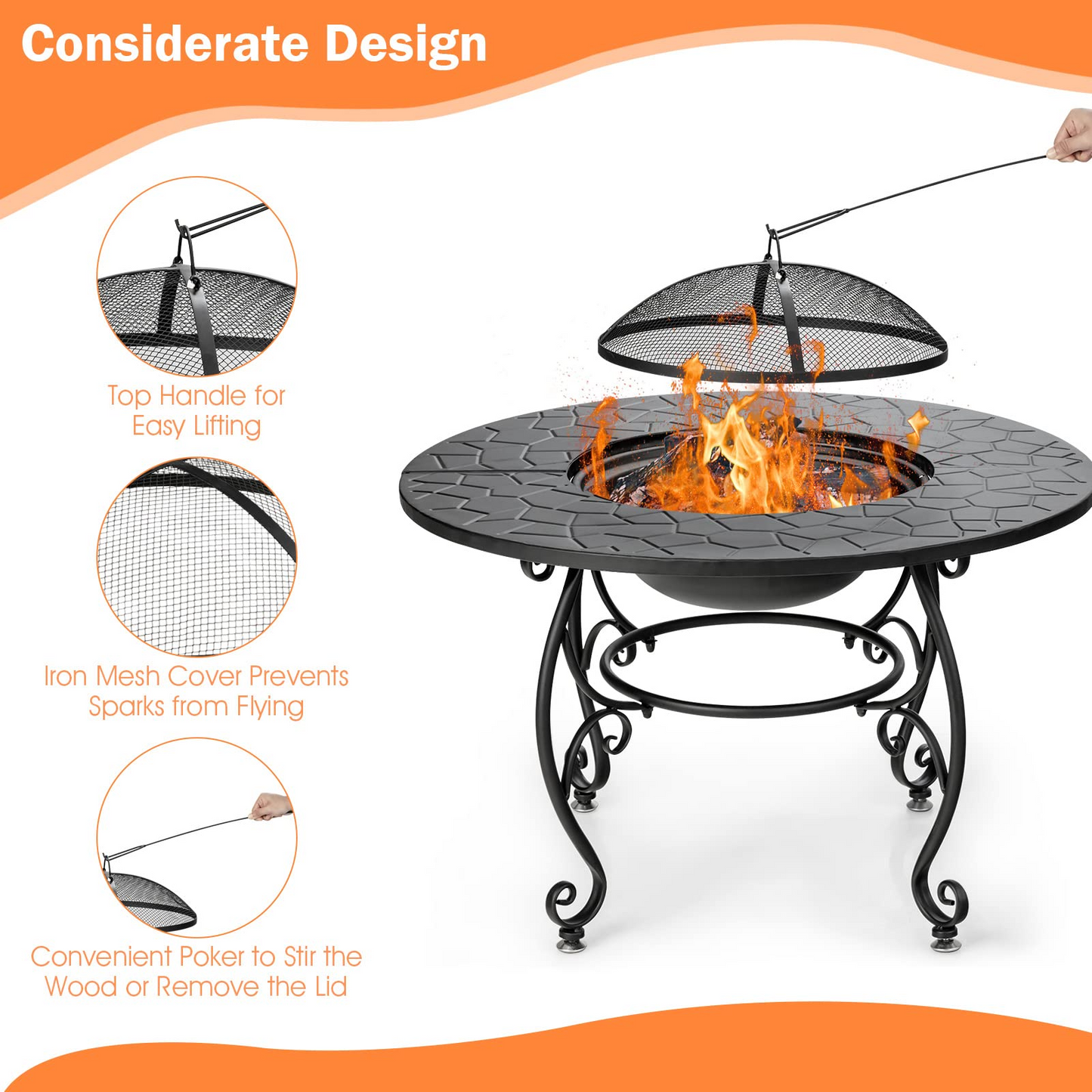 Tangkula Outdoor Fire Pit Table, 4 in 1 36 Inch Round BBQ Garden Fire Bowl with Lid, Bonfire Wood Burning Fire Pit for Outside Backyard