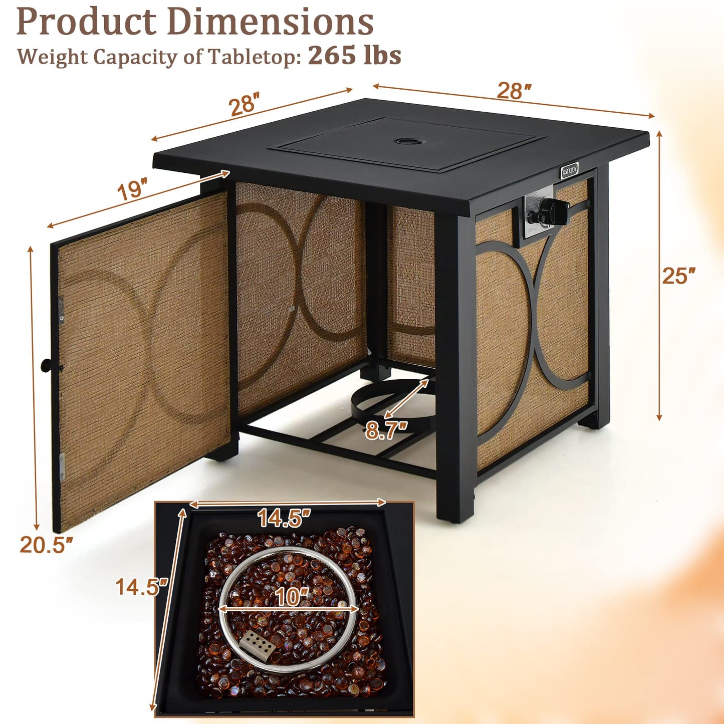 Tangkula 28 Inch Outdoor Square Fire Pit Table, Patiojoy 50,000 BTU Propane Gas Fire Table with Fire Glasses