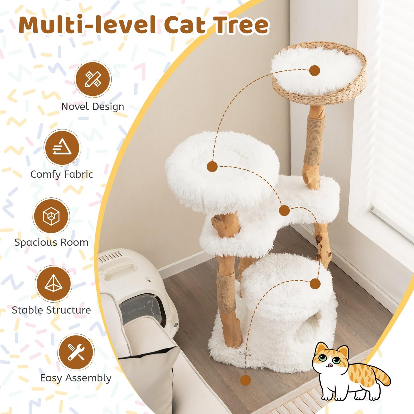 Tangkula Cat Tree Tower Solid Wood Modern Cat Tower with Top Cattail Basket Bed