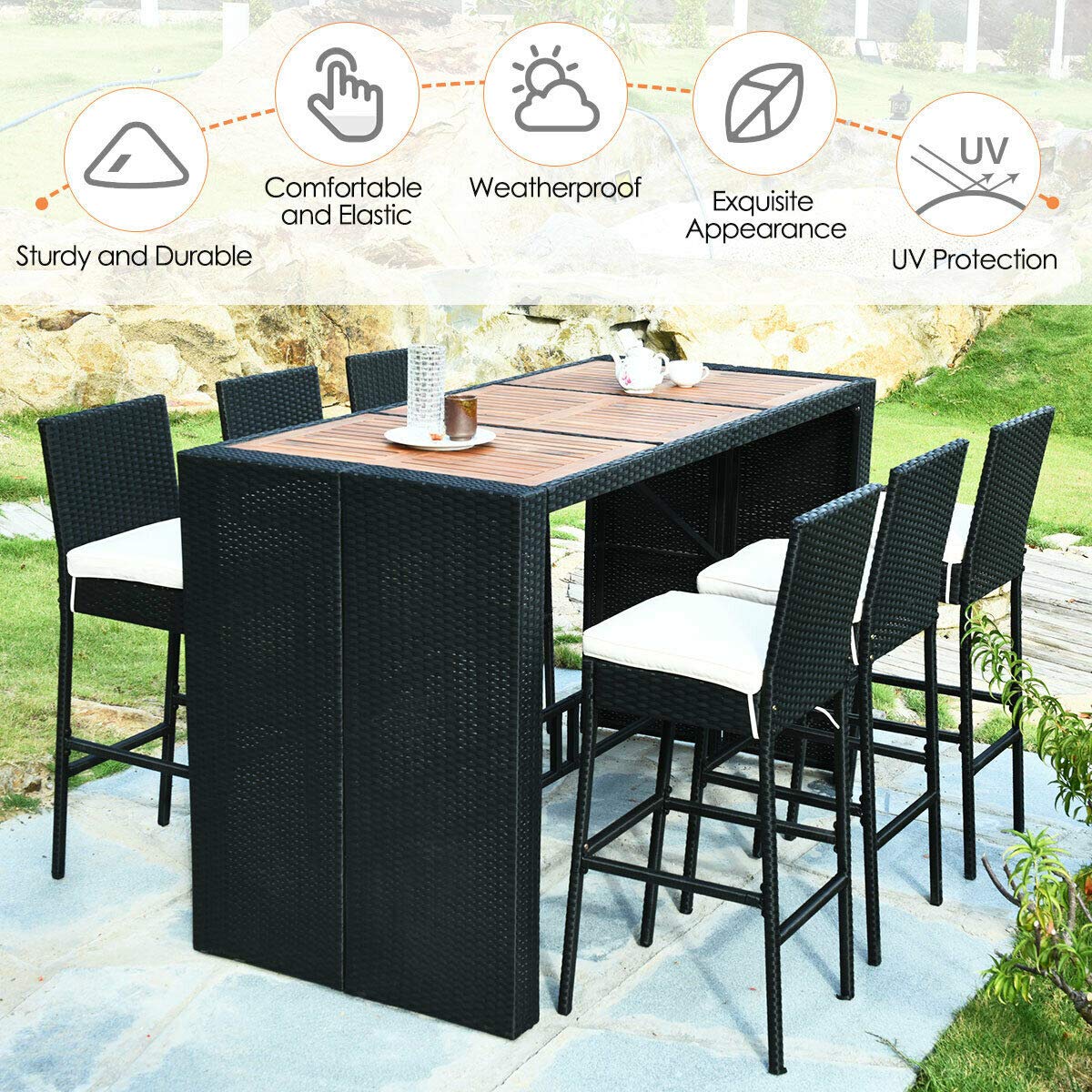 Tangkula 7 PCS Outdoor Wicker Furniture with Acacia Wood Bar Table Top and Removable Cushion