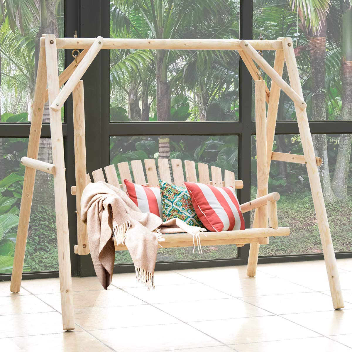 Tangkula Wooden Porch Swing for Patio Garden Yard