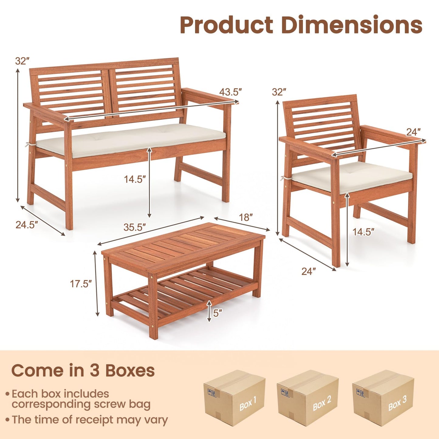Tangkula 4 Piece Patio Conversation Set Wood Sofa Set with Soft Seat Cushions 2-Tier Rectangle Coffee Table