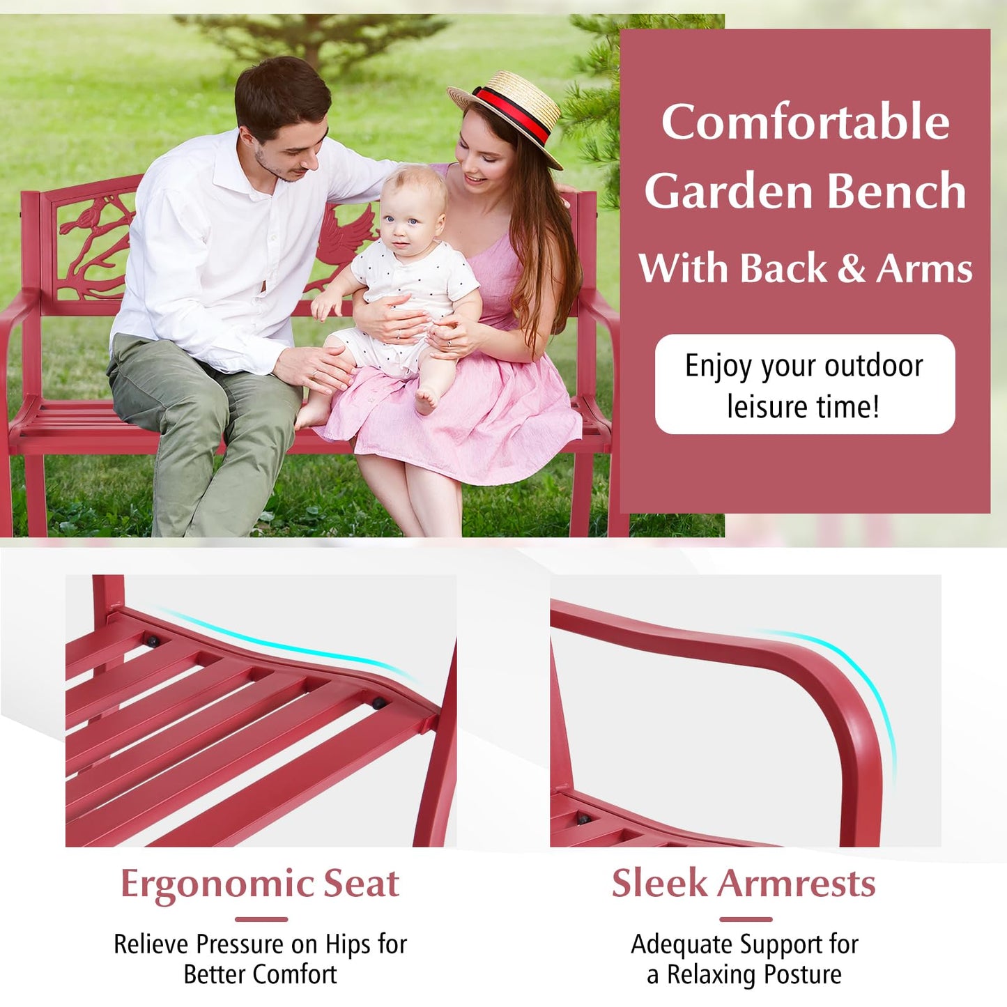 Tangkula Metal Outdoor Garden Bench Park Bench with Bird & Twig Cast Iron Back Pattern