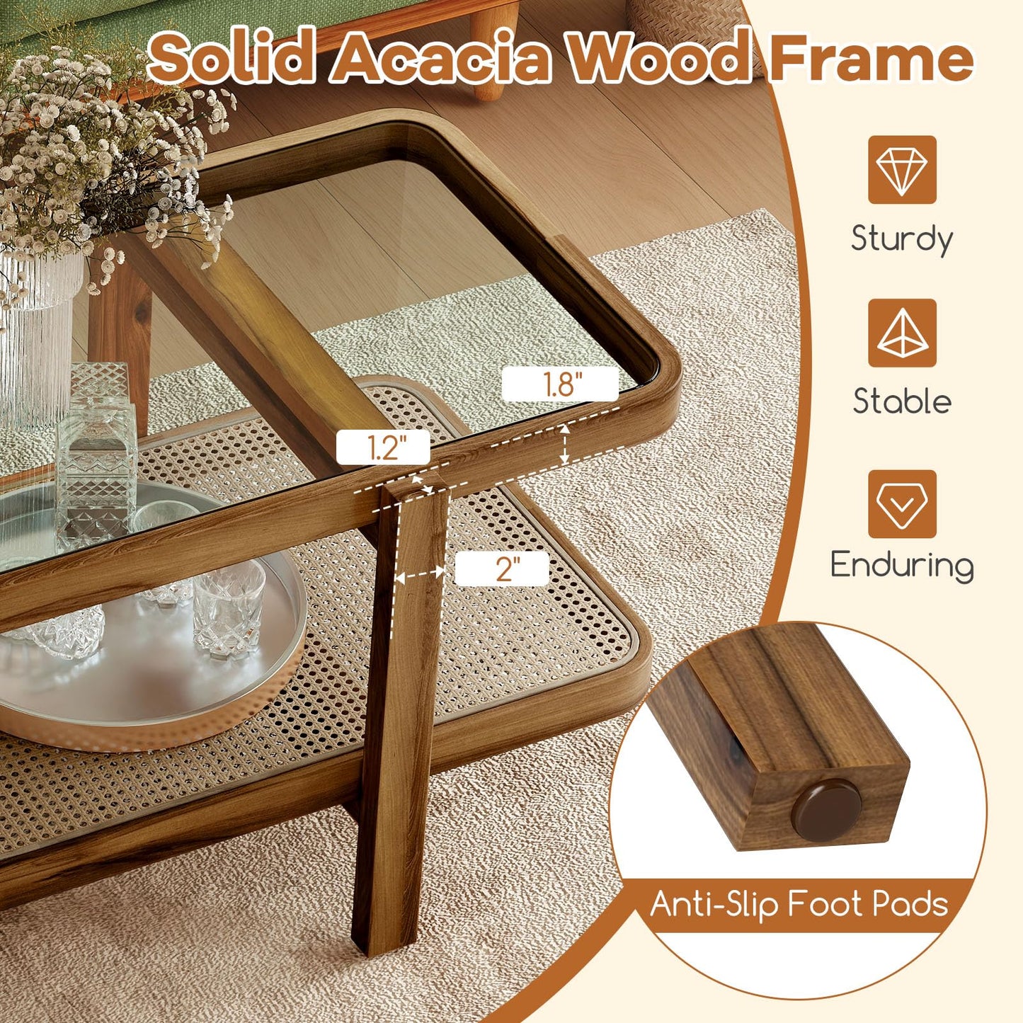 Tangkula Rattan Coffee Table 47.5”L Boho Cocktail Tables