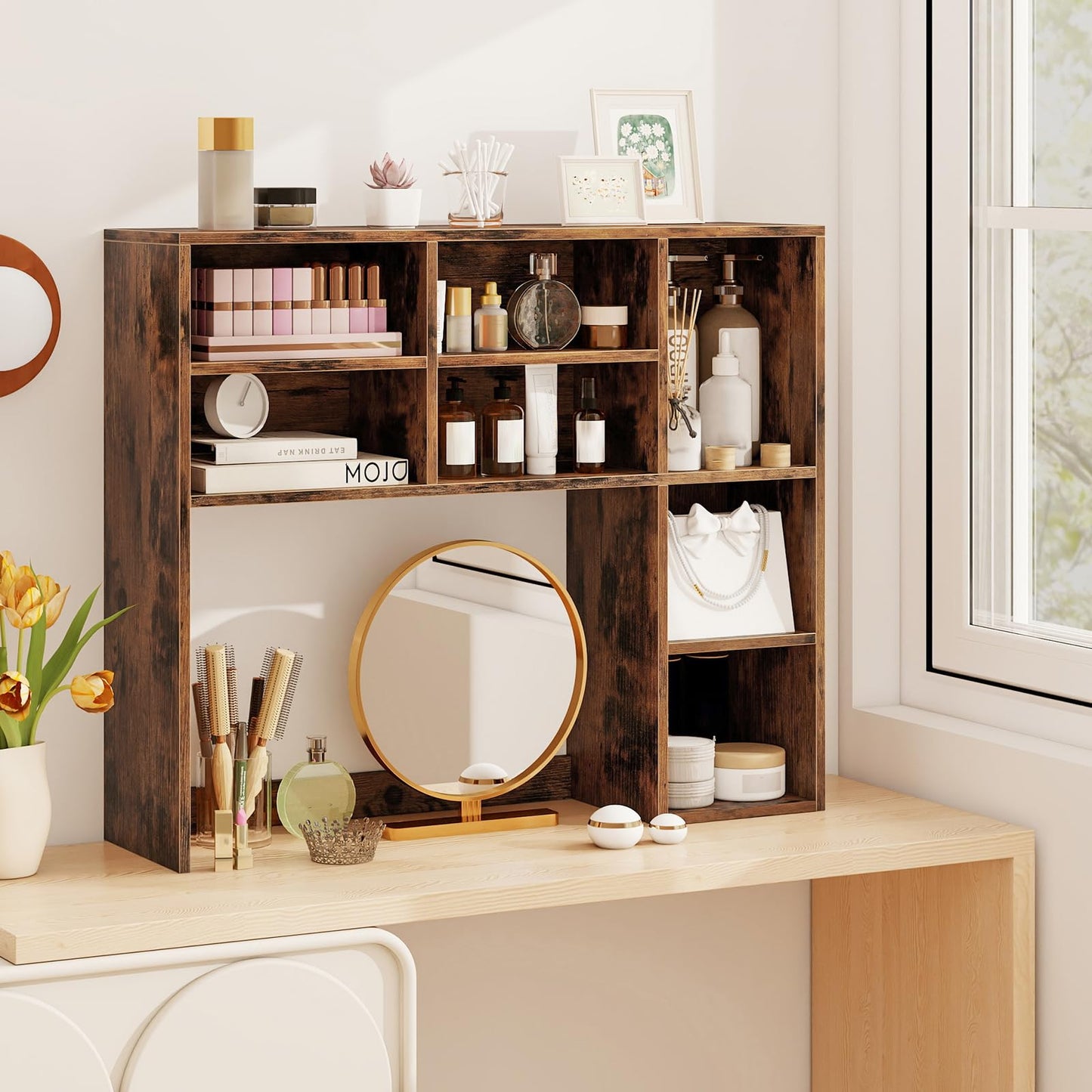 Tangkula Desktop Bookshelf 37" Countertop Storage Hutch with 7 Cubes & 3 Adjustable Shelves