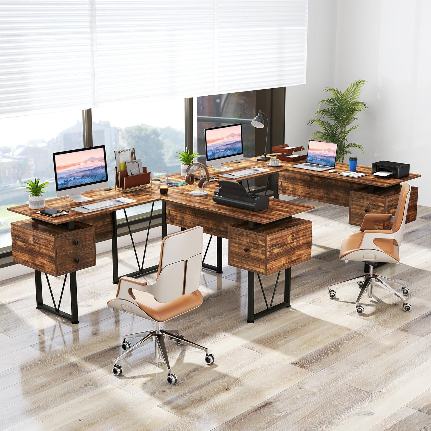 Tangkula 59" L-Shaped Office Desk with 3 Drawers & Charging Station