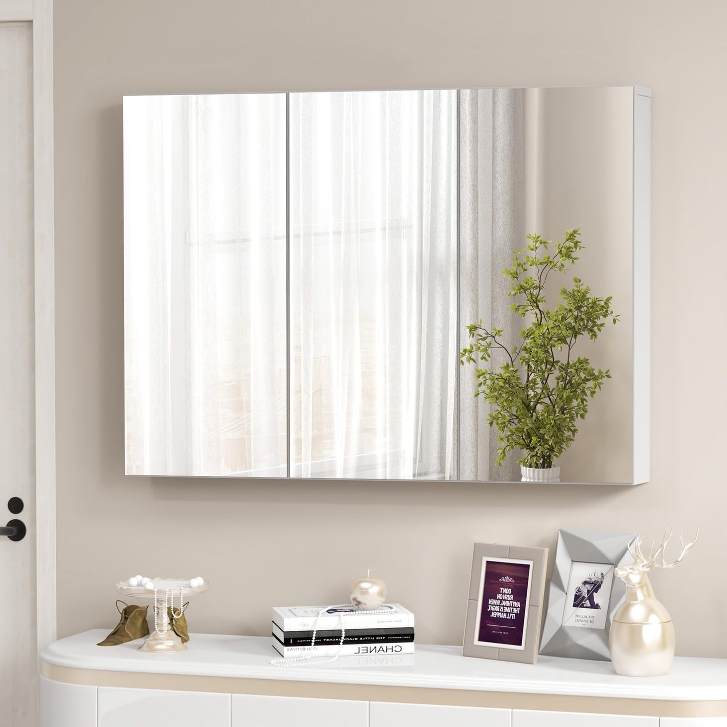Tangkula 36" Wide Wall Mount Mirrored Bathroom Medicine Cabinet Storage 3 Mirror Door