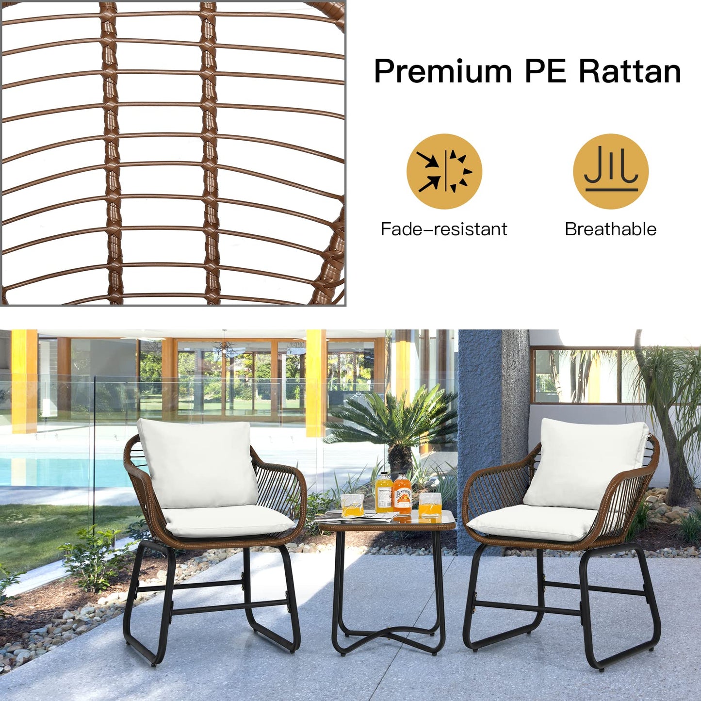 Tangkula 3 Pieces Patio Bistro Set with Comfortable Cushions & Adjustable Foot Pads