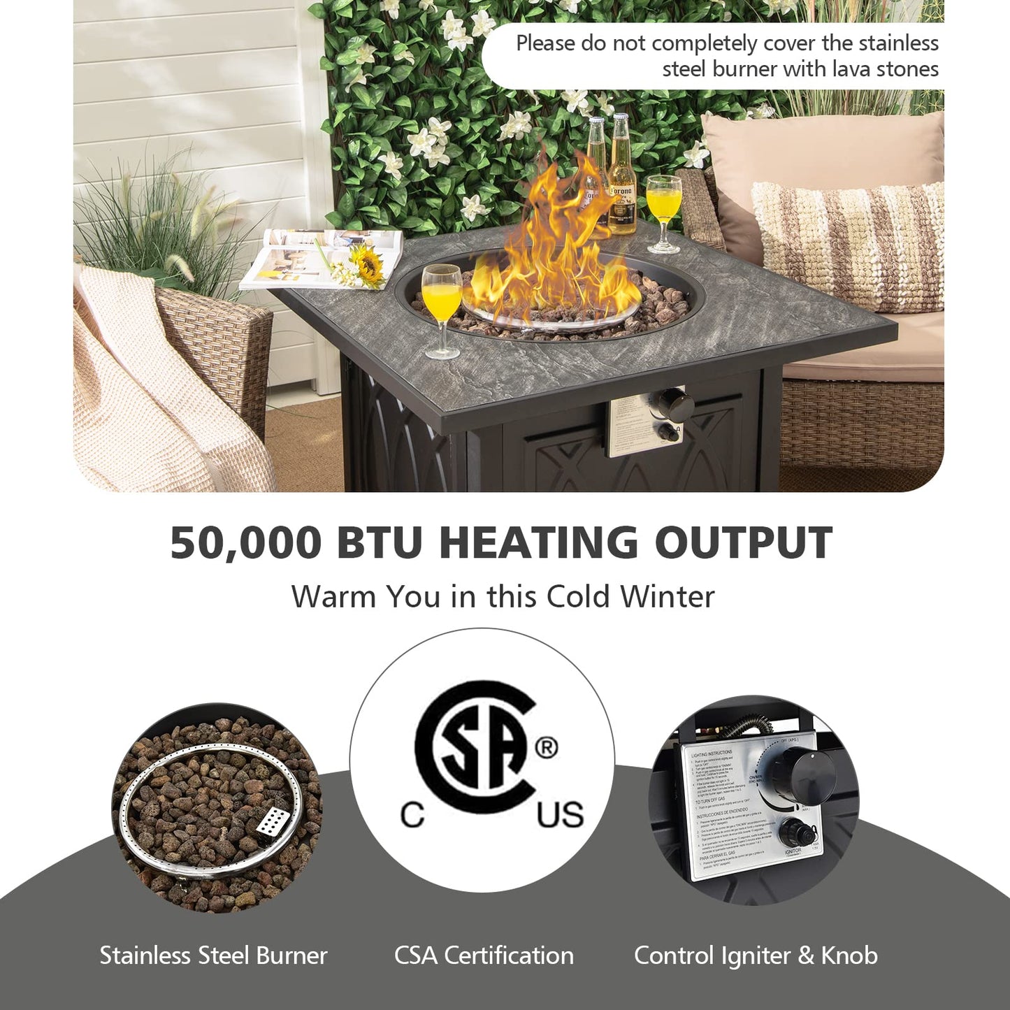 Tangkula 32 Inches Gas Fire Pit Table, 50,000 BTU Square Propane Firepit (Black)