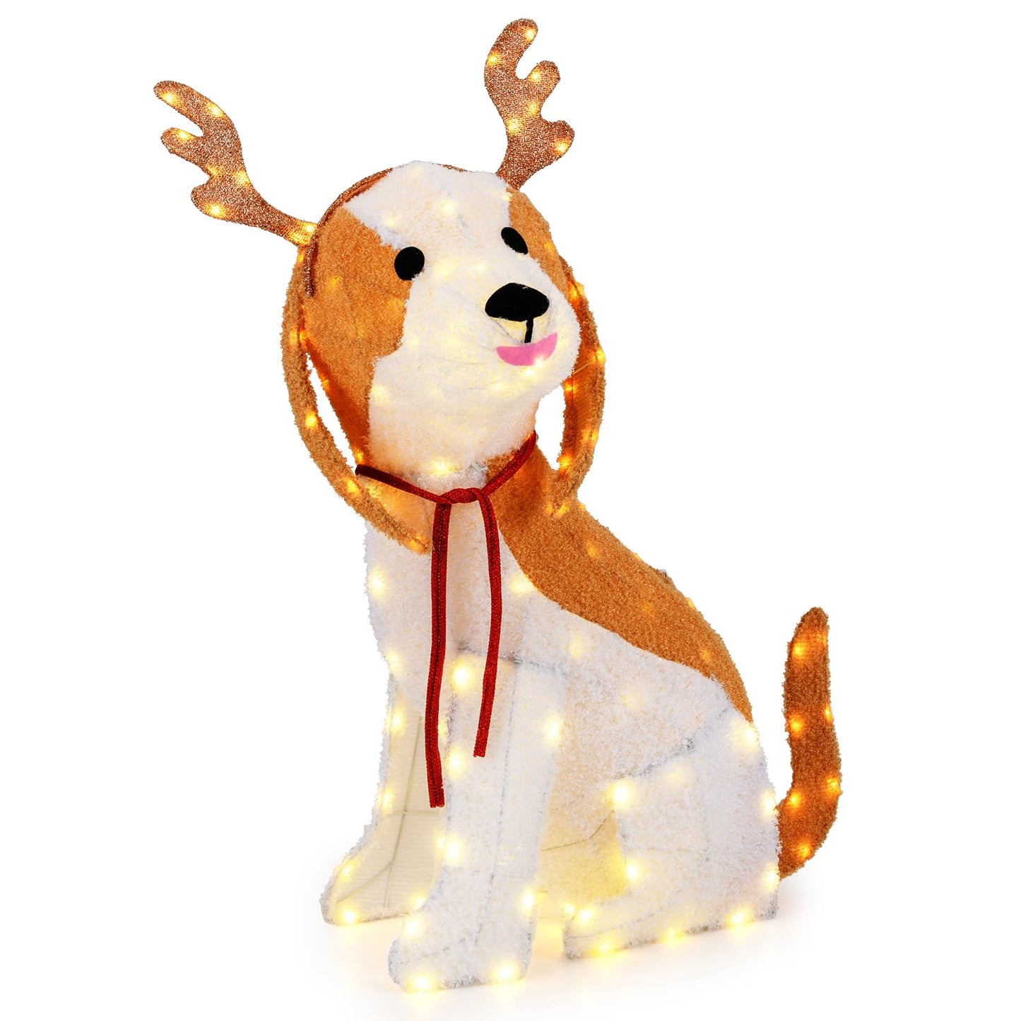 Tangkula Chien de Noël lumineux d'extérieur de 1,13 m, Basset 3D avec bois de cerf, surface en fourrure et 164 lumières LED blanc chaud