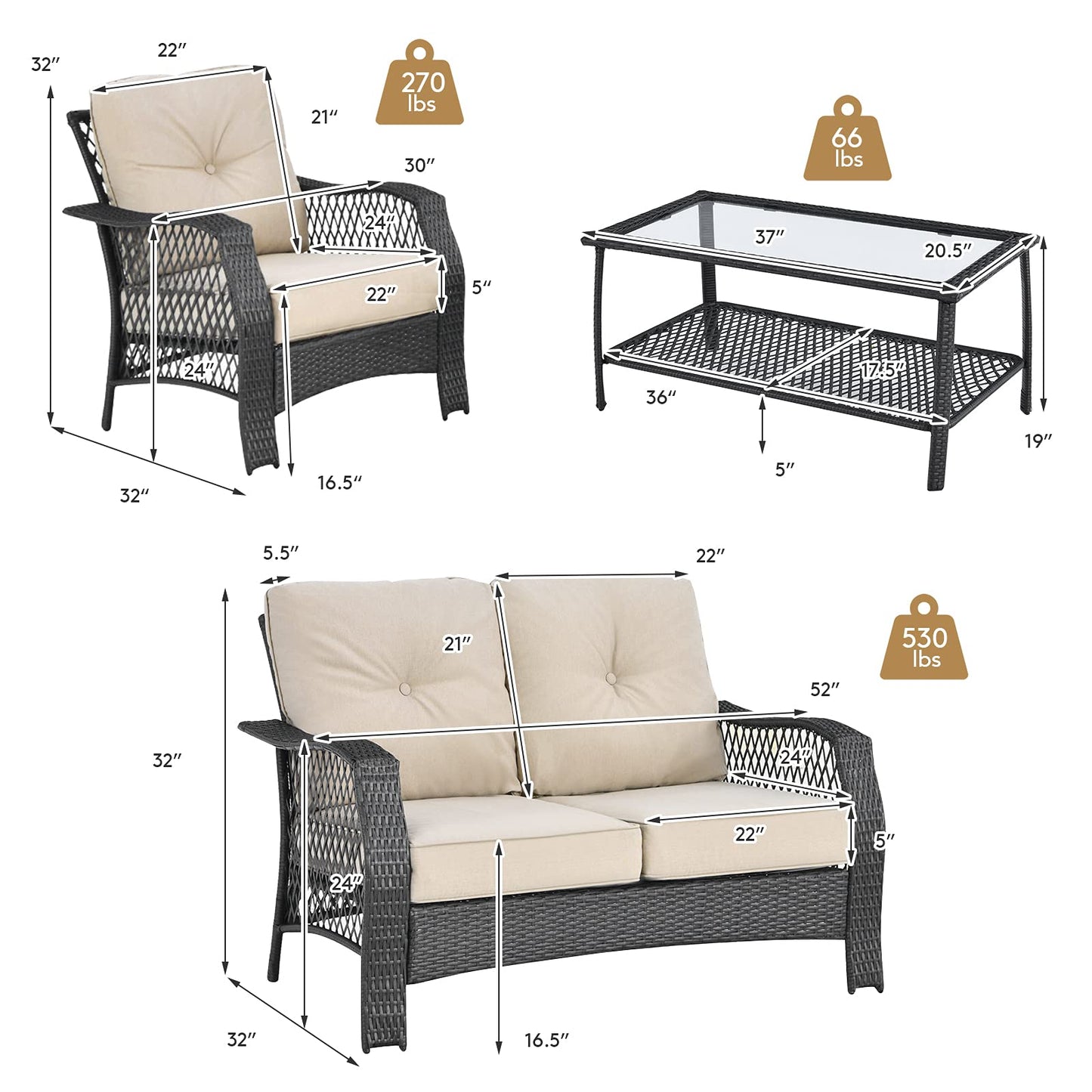 4 Pieces Outdoor Patio Furniture Set, Patiojoy PE Wicker Conversation Sofa Set with Tempered Glass Coffee Table