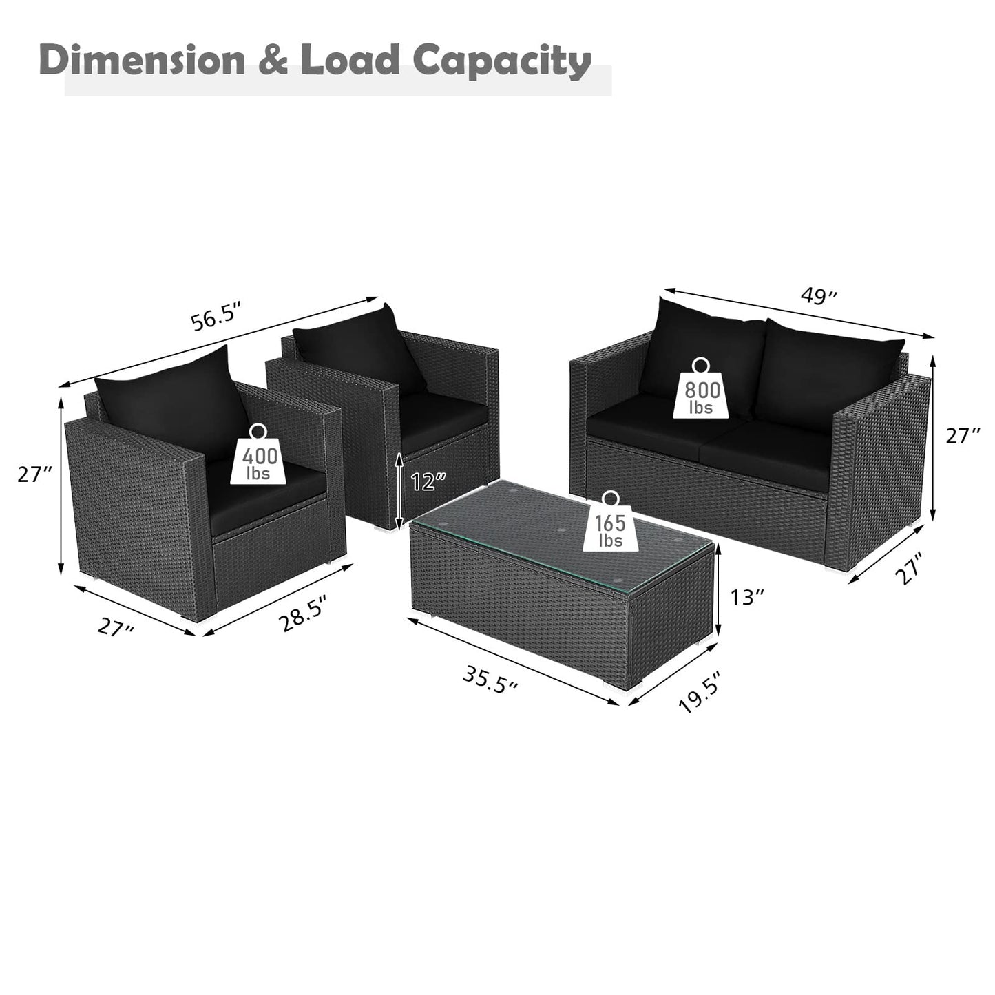 Patio Rattan Conversation Furniture Set, Outdoor Wicker Sofa Set with Padded Cushion & Tempered Glass Coffee Table