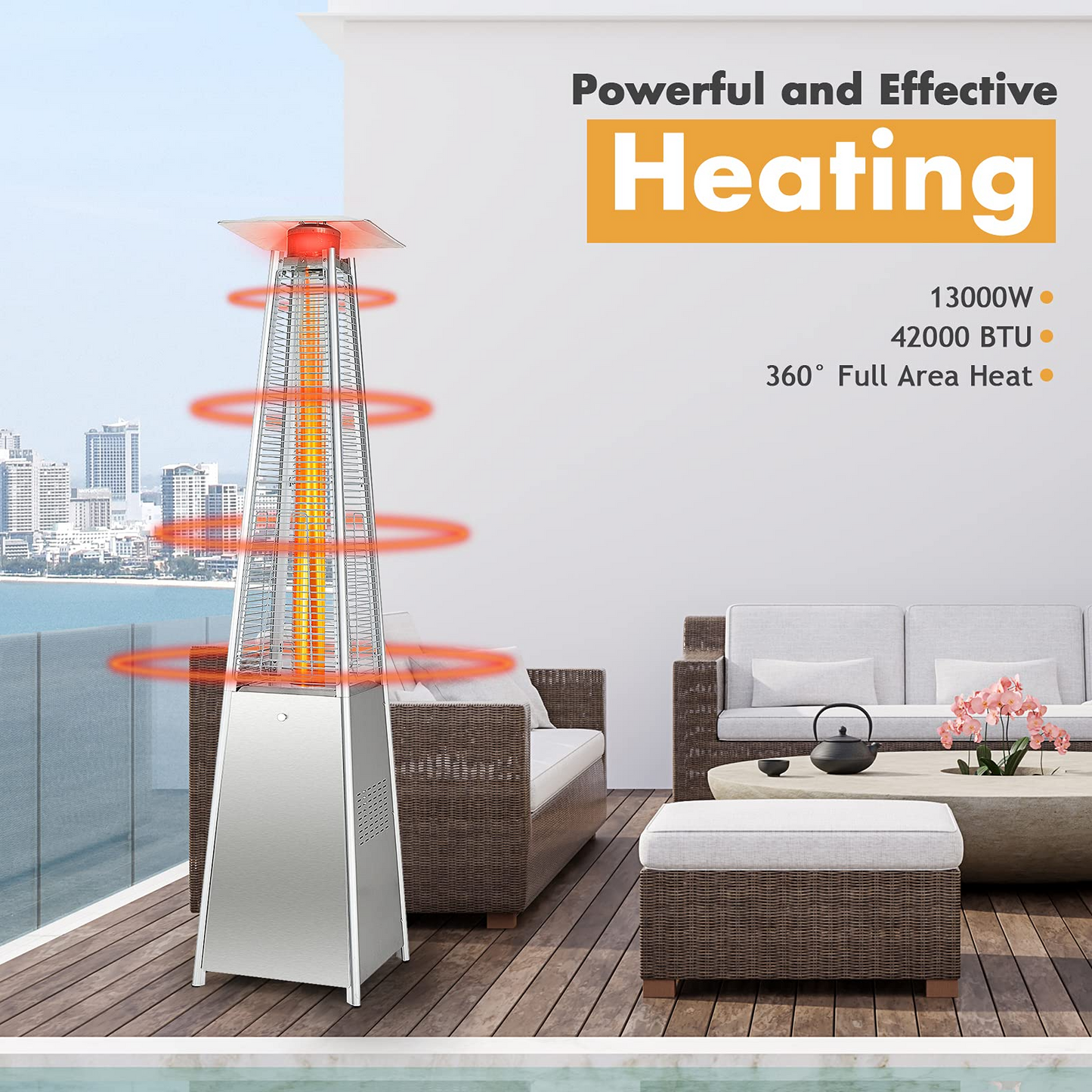Tangkula 90-inch Outdoor Patio Heater, 42000 BTU Portable Pyramid Propane Heater with Wheels, Quartz Glass Tube